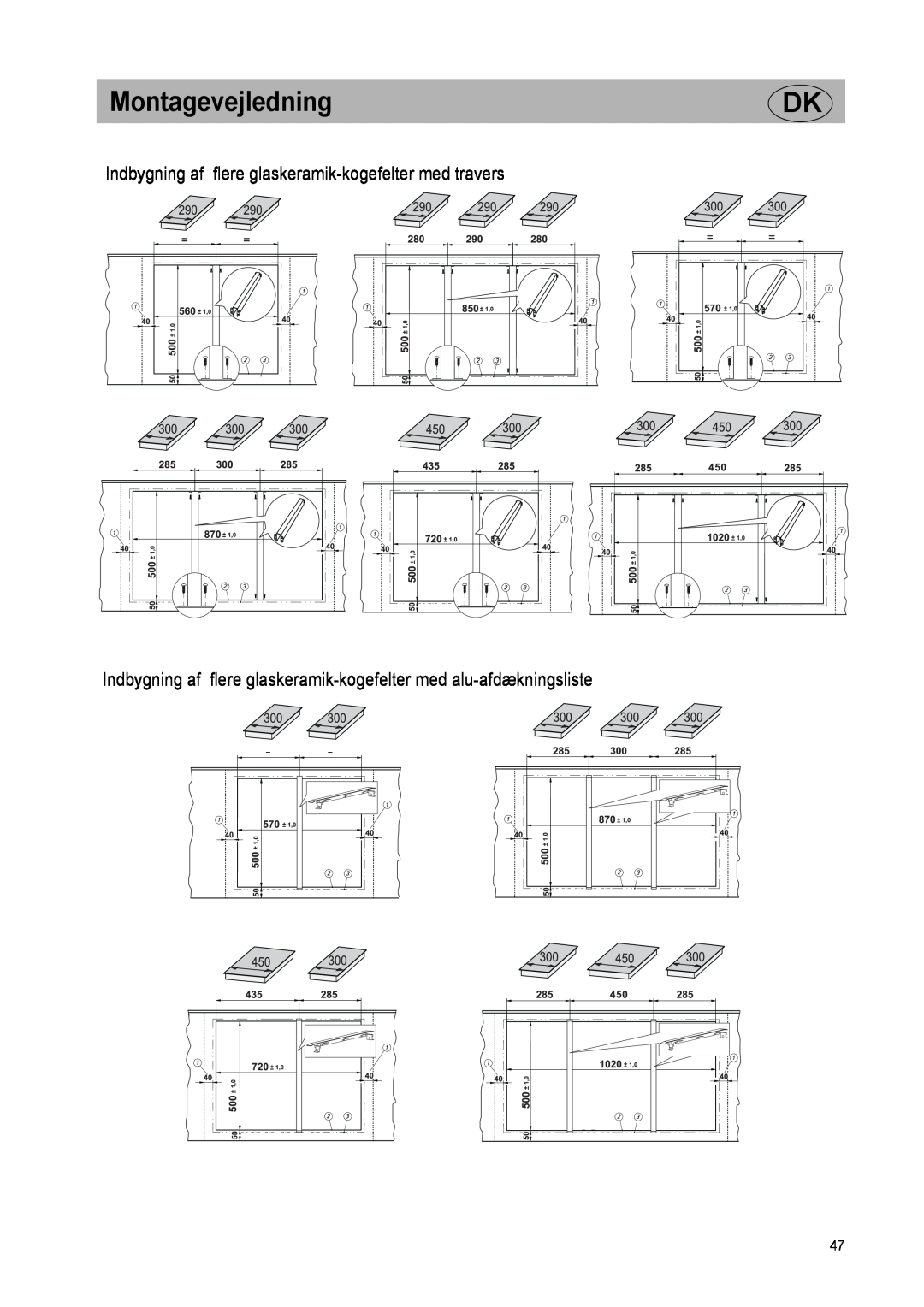 Smeg SE2320ID manual Montagevejledning, Indbygning af flere glaskeramik-kogefelter med travers 