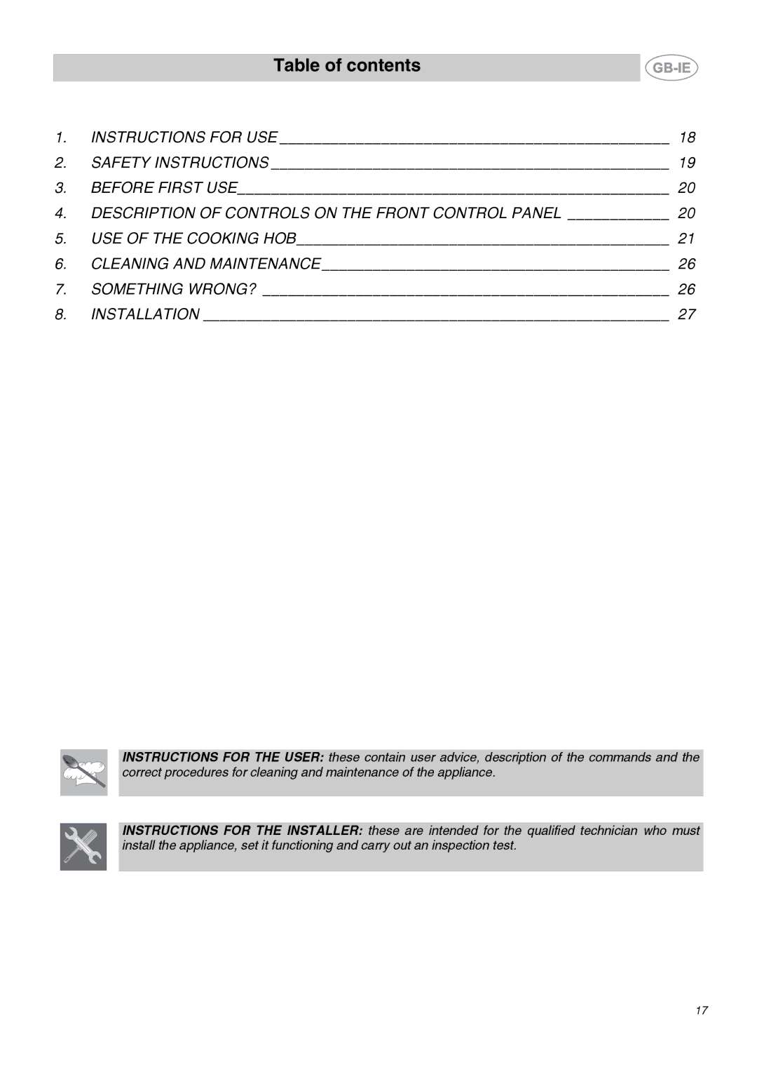 Smeg SE2631ID1, SE2320ID1 manual Table of contents 