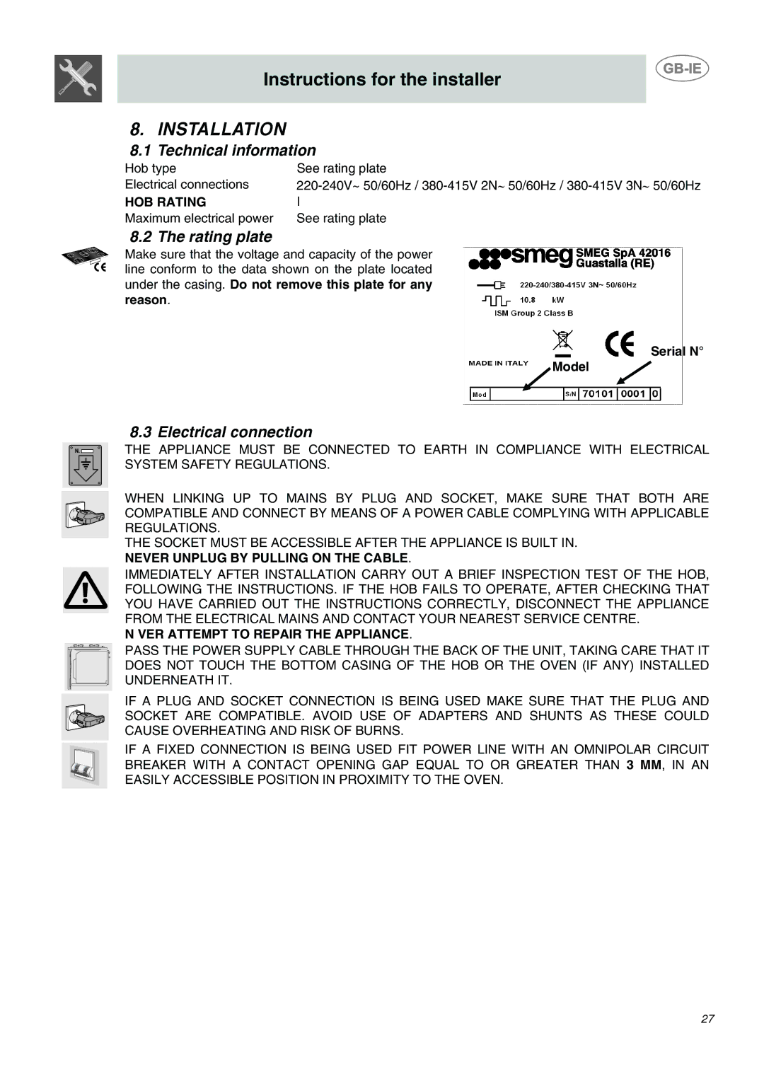 Smeg SE2631ID1, SE2320ID1 manual Installation, Technical information, Rating plate, Electrical connection 