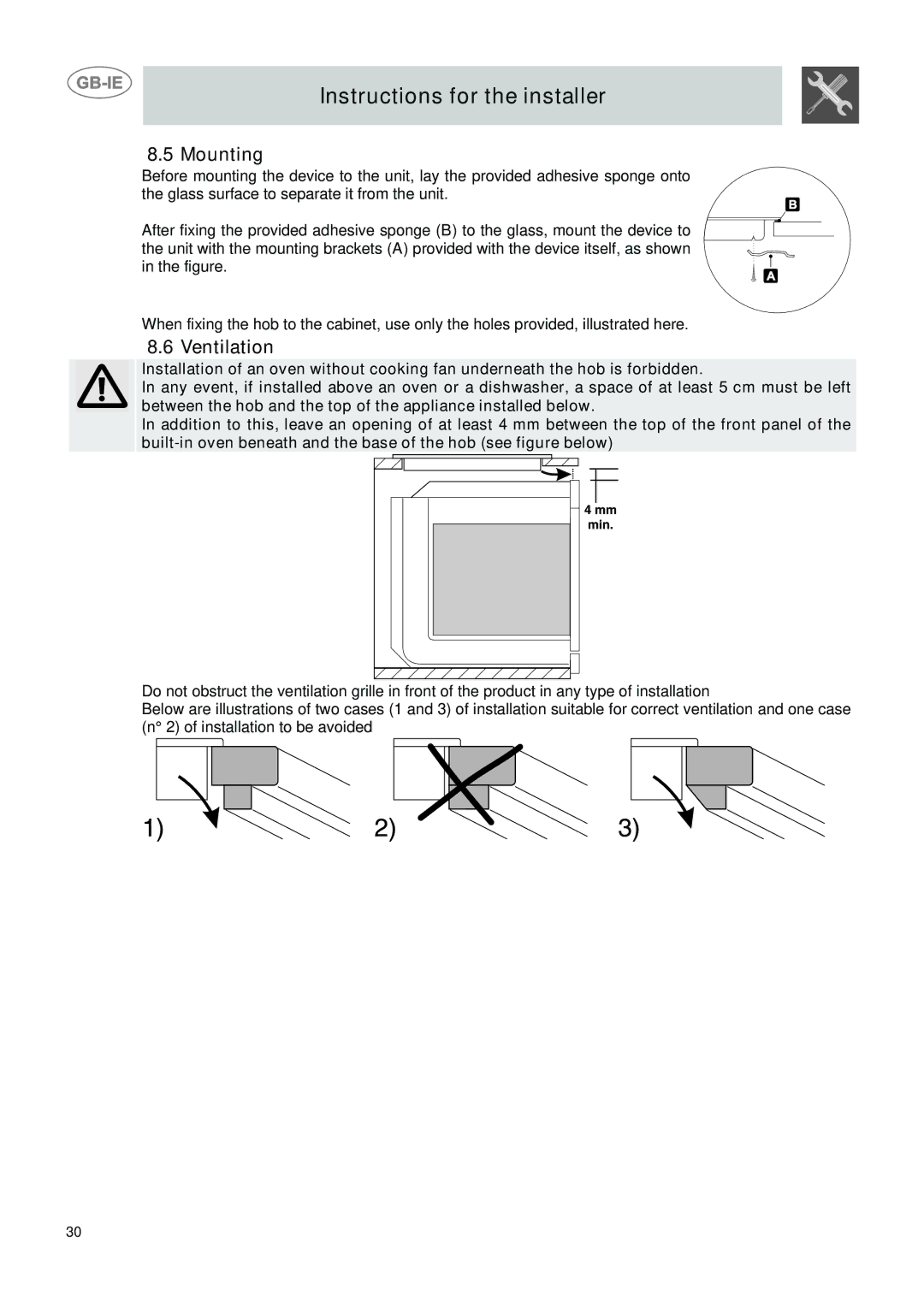 Smeg SE2320ID1, SE2631ID1 manual Mounting, Ventilation 