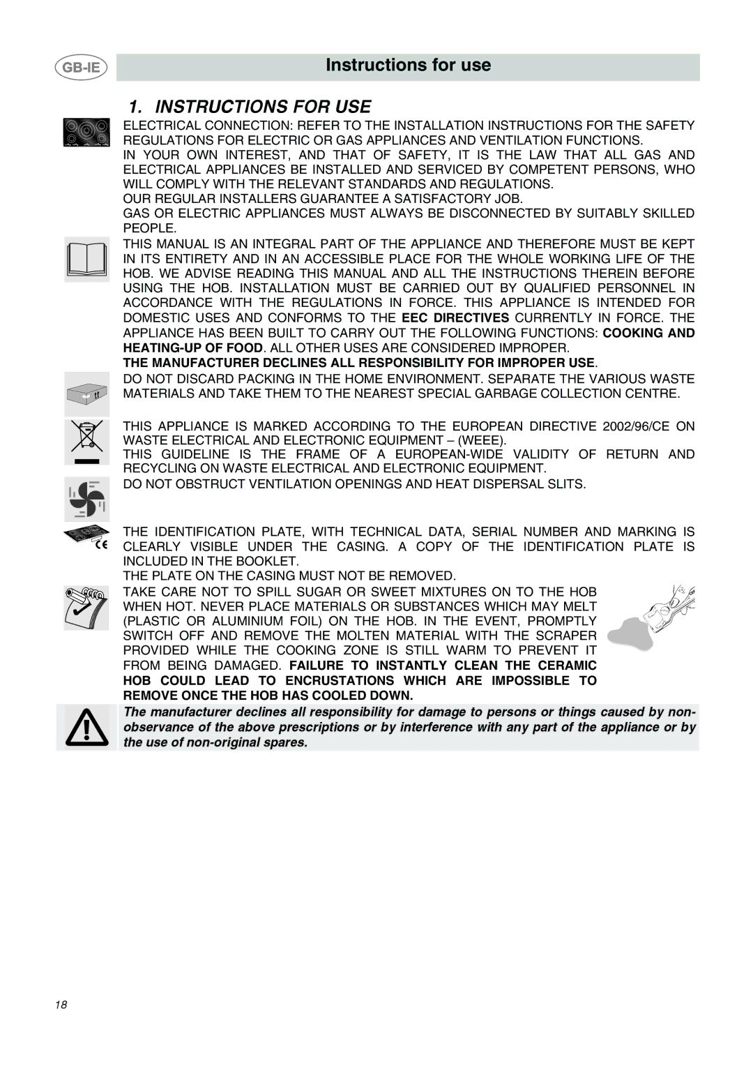 Smeg SE2320ID1, SE2631ID1 manual Instructions for USE, Manufacturer Declines ALL Responsibility for Improper USE 