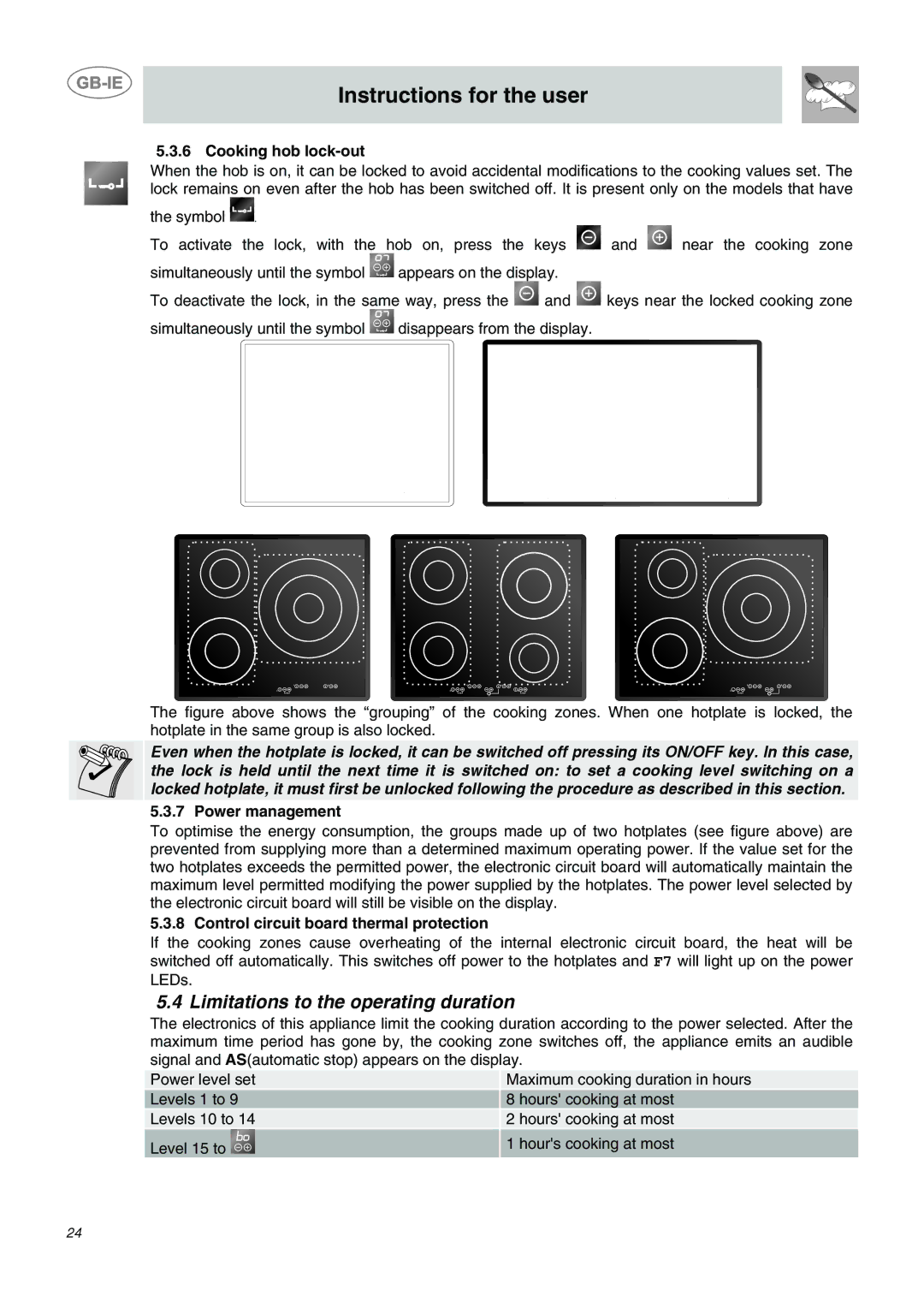 Smeg SE2320ID1, SE2631ID1 manual Limitations to the operating duration, Cooking hob lock-out 