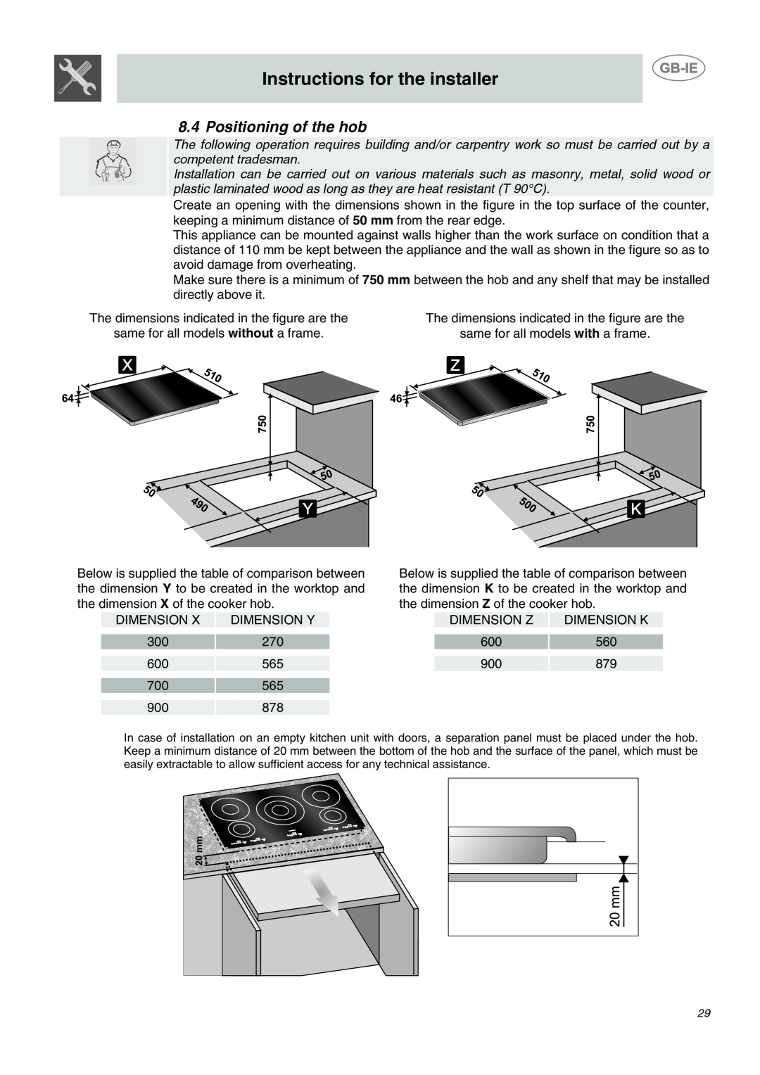 Smeg SE2631ID1, SE2320ID1 manual Positioning of the hob, Instructions for the installer 