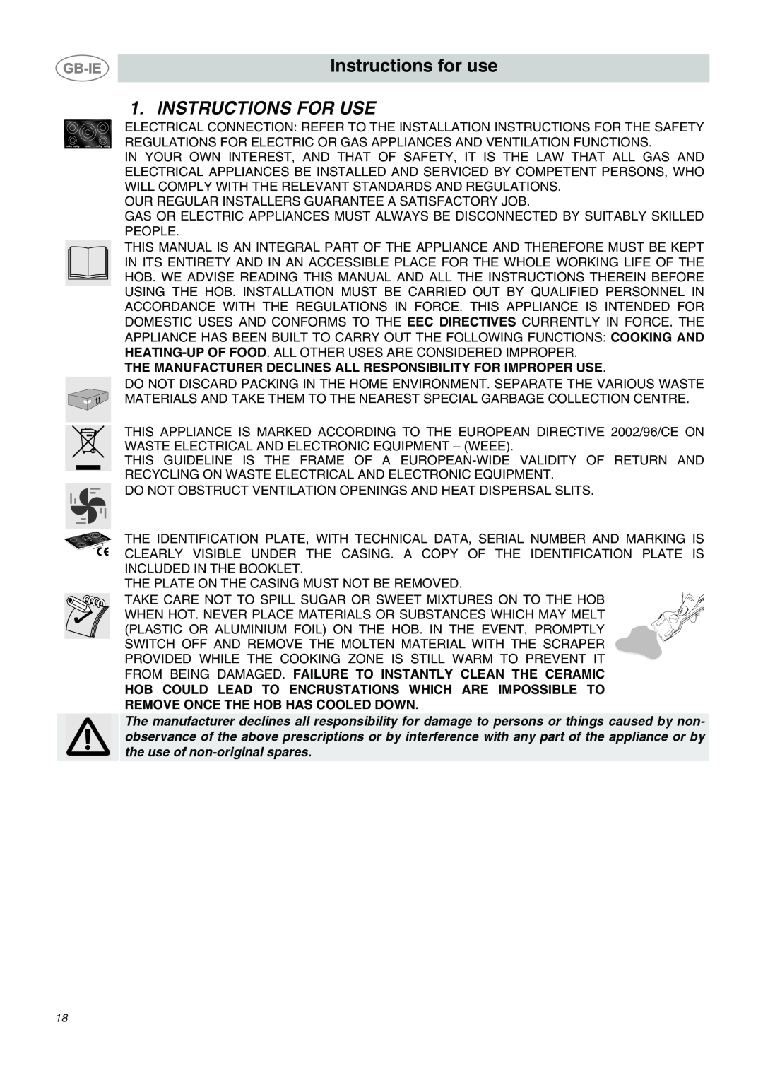 Smeg SE2320ID1 Instructions for use, Instructions For Use, The Manufacturer Declines All Responsibility For Improper Use 