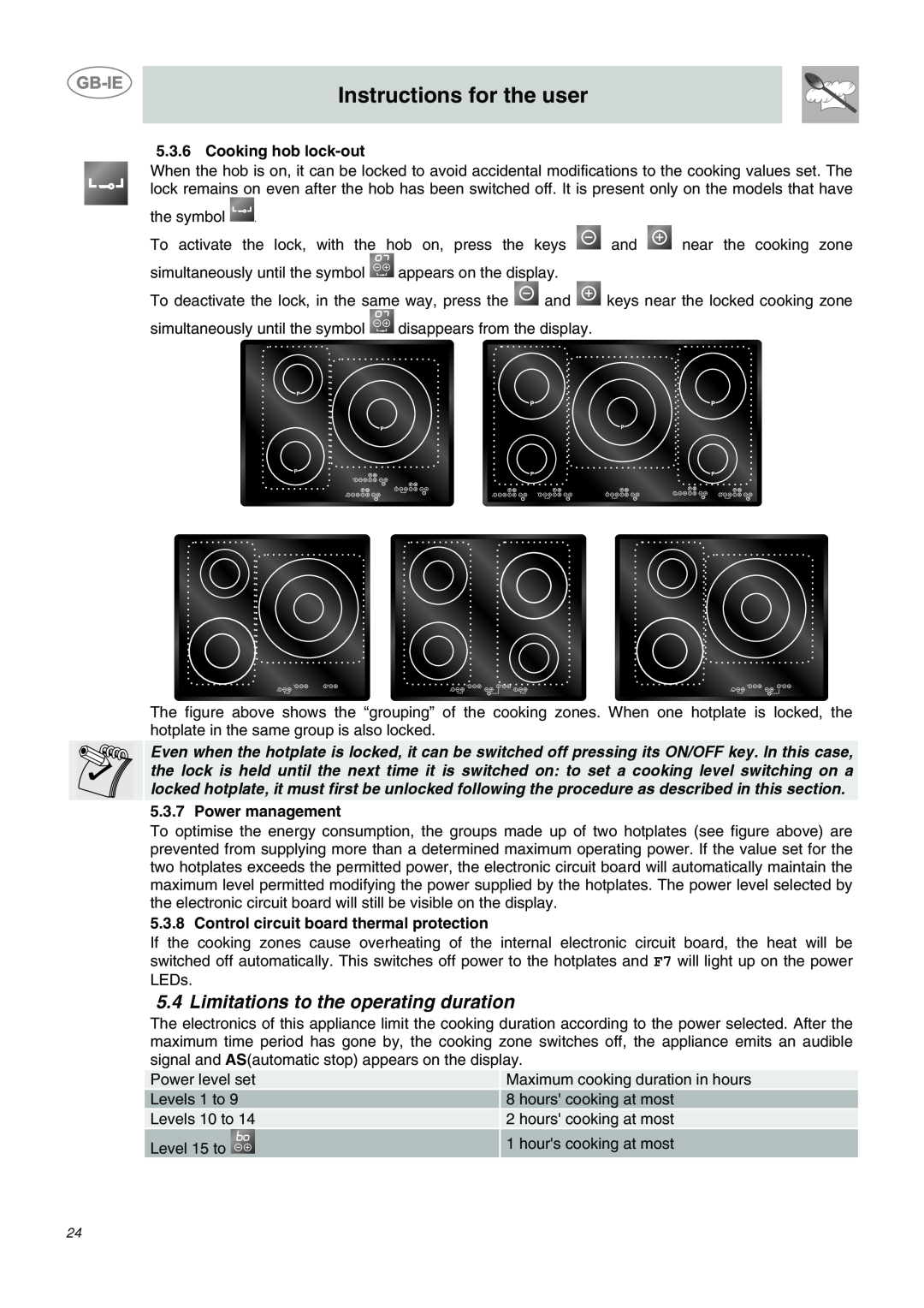Smeg SE2320ID1 Limitations to the operating duration, Instructions for the user, Cooking hob lock-out, Power management 