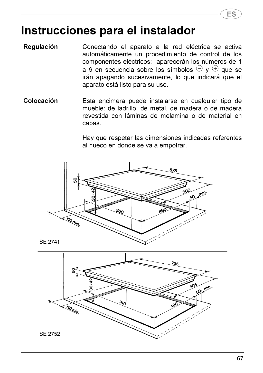 Smeg SE2541X manual Instrucciones para el instalador 