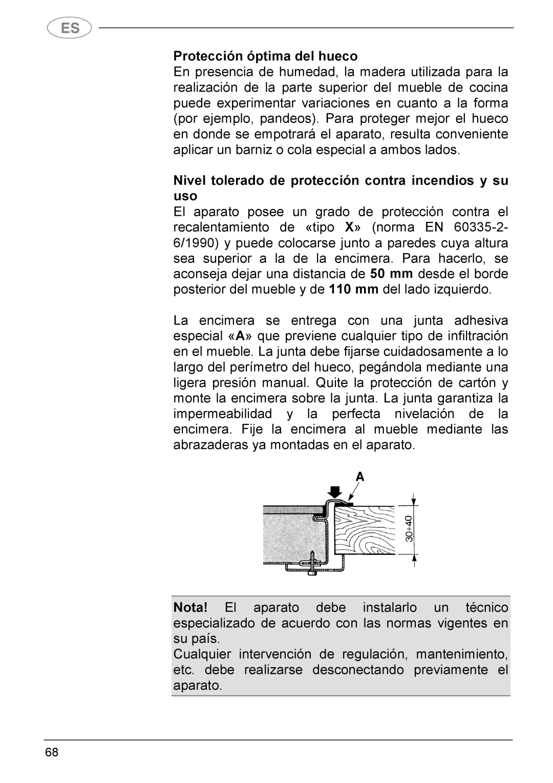 Smeg SE2541X manual Protección óptima del hueco, Nivel tolerado de protección contra incendios y su uso 