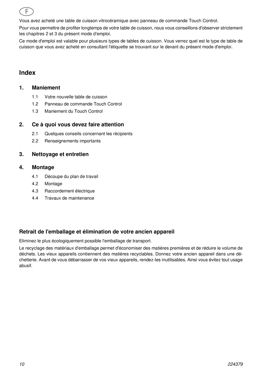 Smeg SE2631TC manual Index, Maniement, Ce à quoi vous devez faire attention, Nettoyage et entretien Montage 