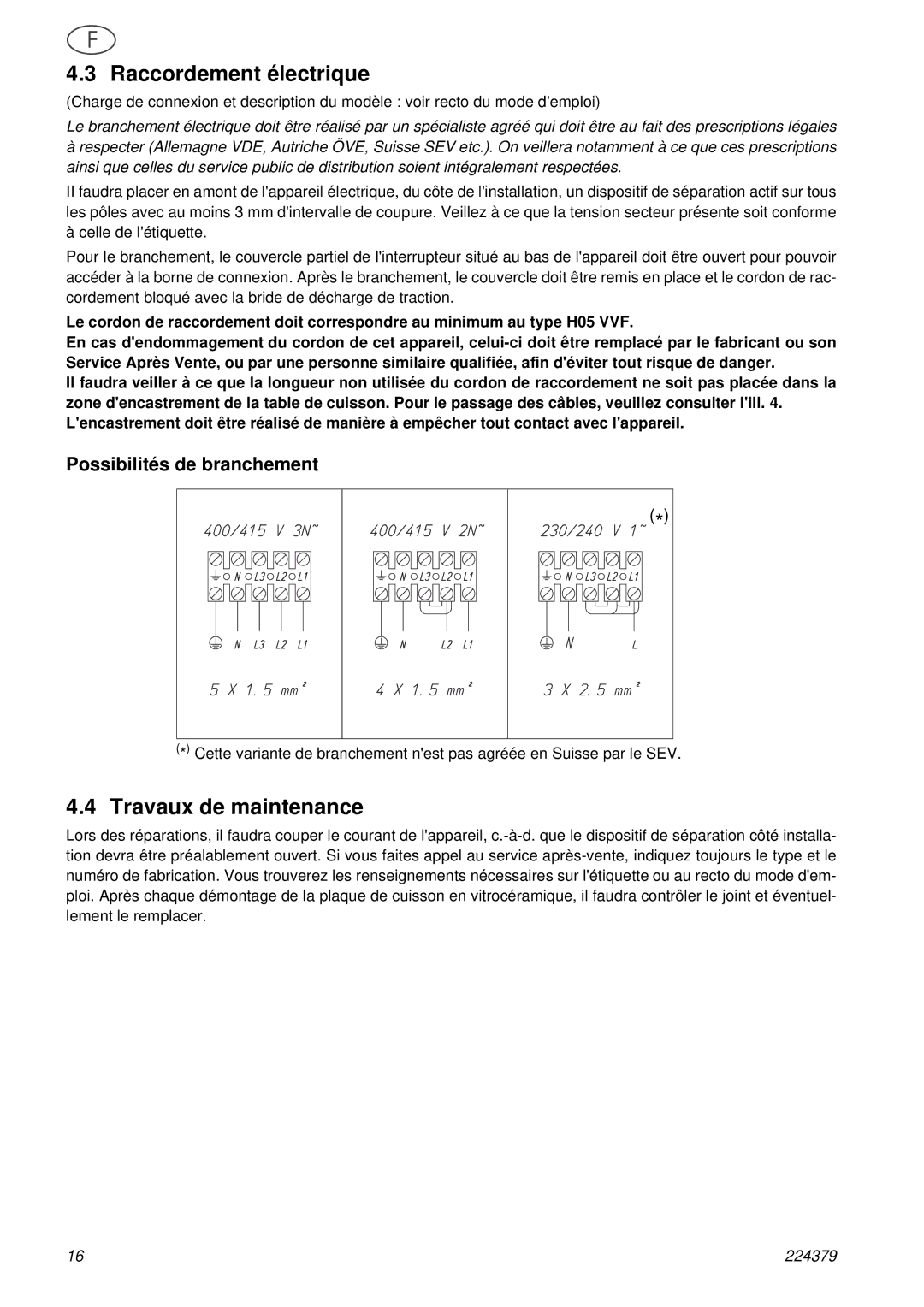 Smeg SE2631TC manual Raccordement électrique, Travaux de maintenance, Possibilités de branchement 