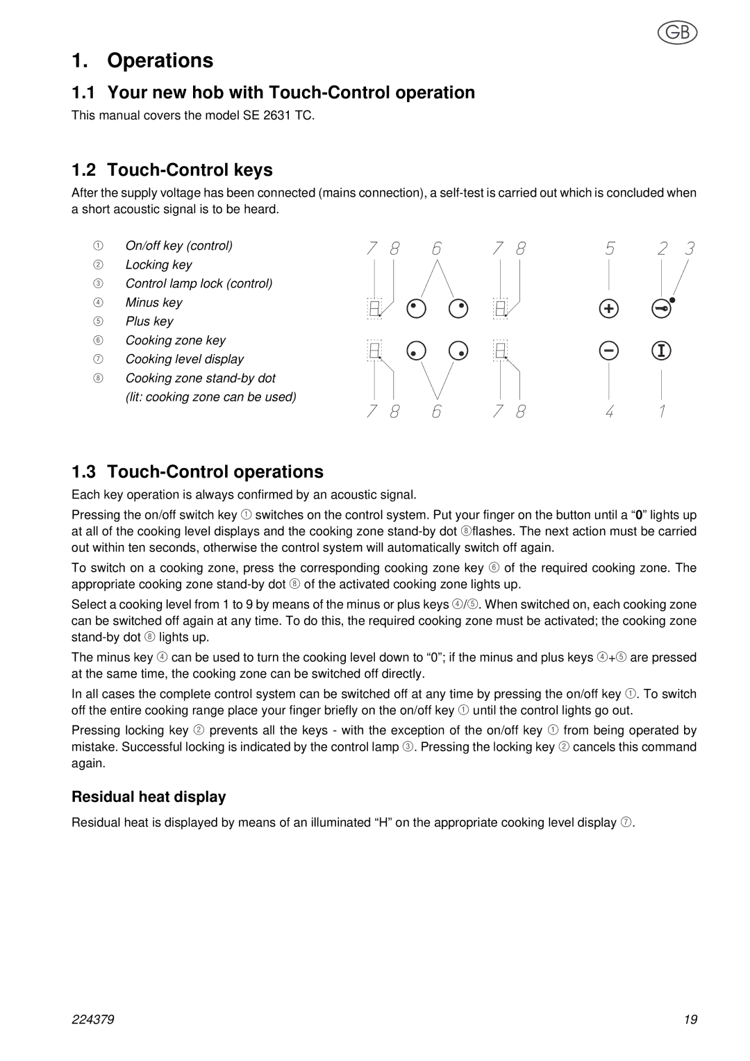 Smeg SE2631TC manual Operations, Your new hob with Touch-Control operation, Touch-Control keys, Touch-Control operations 