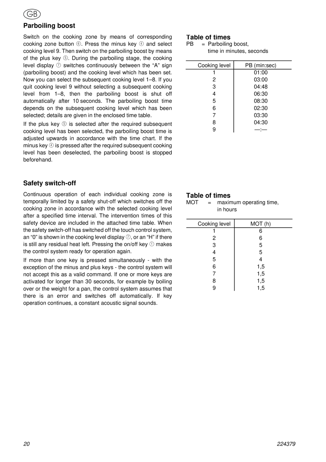 Smeg SE2631TC manual Parboiling boost, Table of times, Safety switch-off 