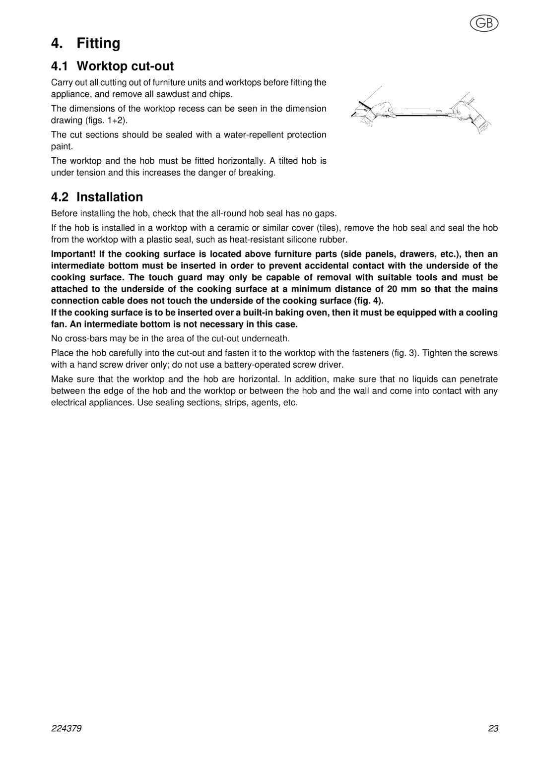 Smeg SE2631TC manual Fitting, Worktop cut-out, Installation 