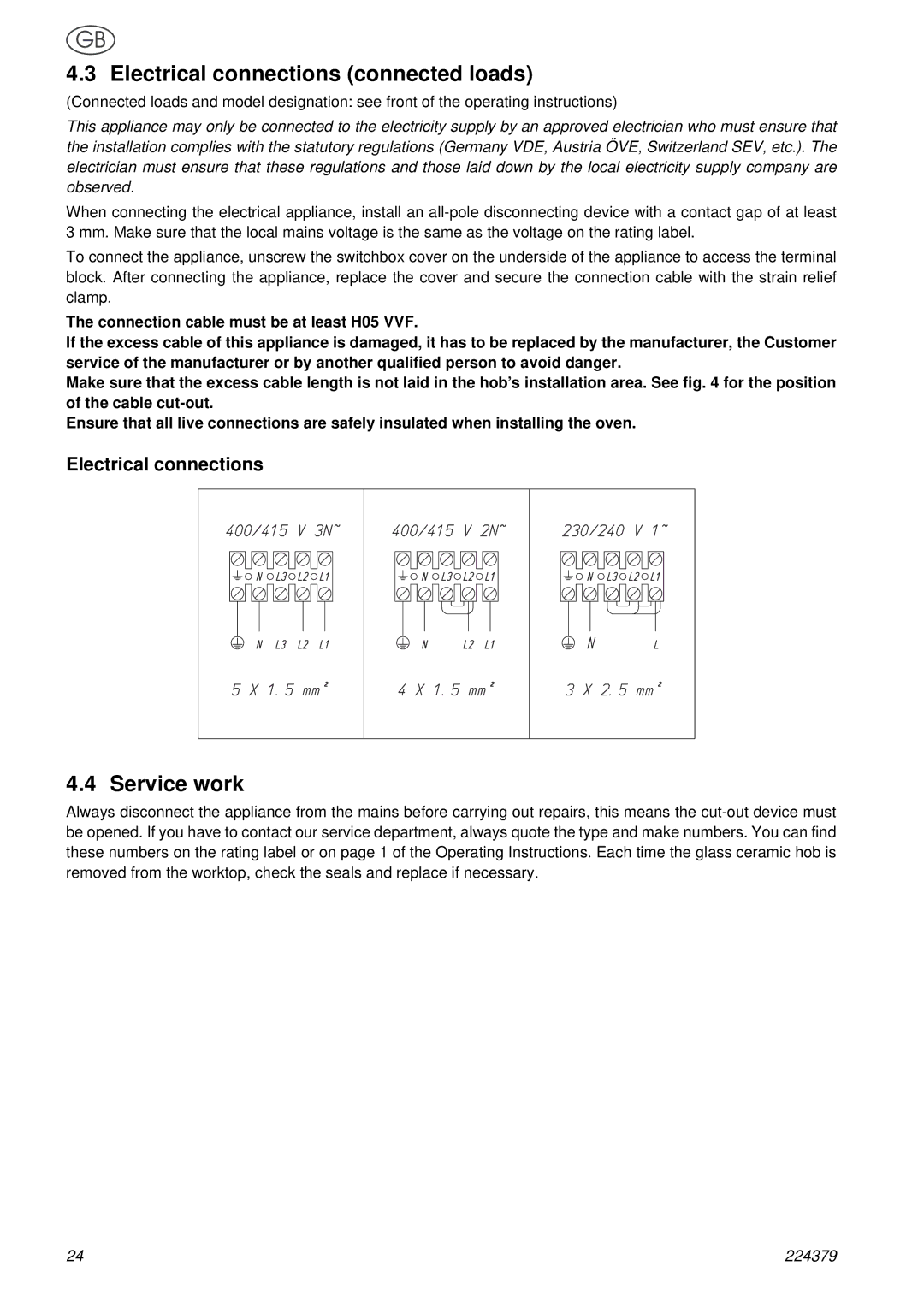 Smeg SE2631TC manual Electrical connections connected loads, Service work 