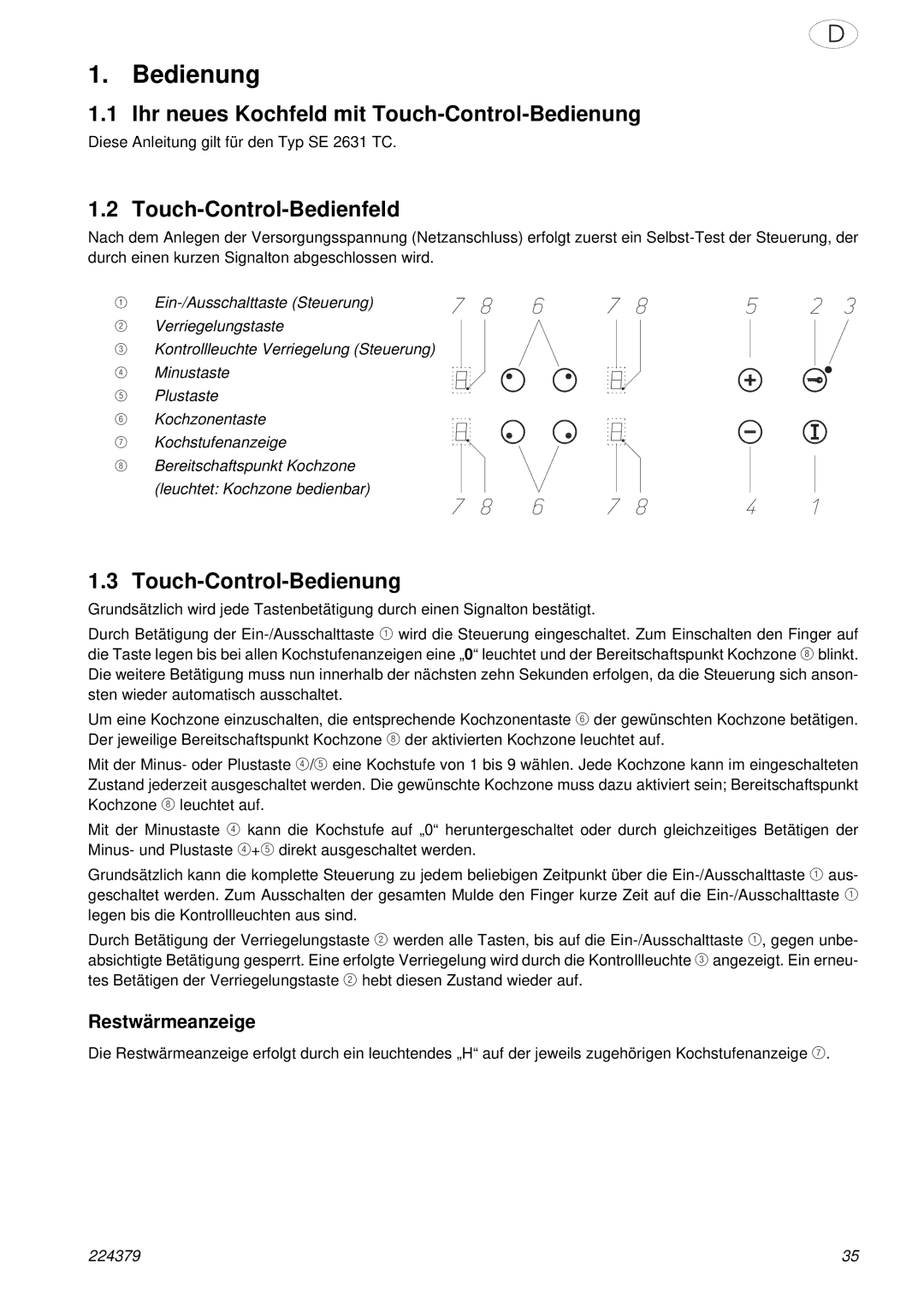 Smeg SE2631TC manual Ihr neues Kochfeld mit Touch-Control-Bedienung, Touch-Control-Bedienfeld, Restwärmeanzeige 