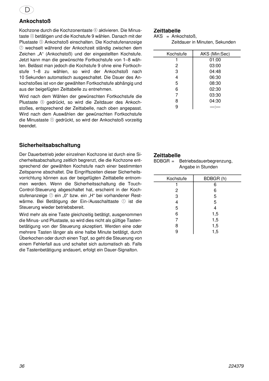 Smeg SE2631TC manual Ankochstoß, Zeittabelle, Sicherheitsabschaltung 