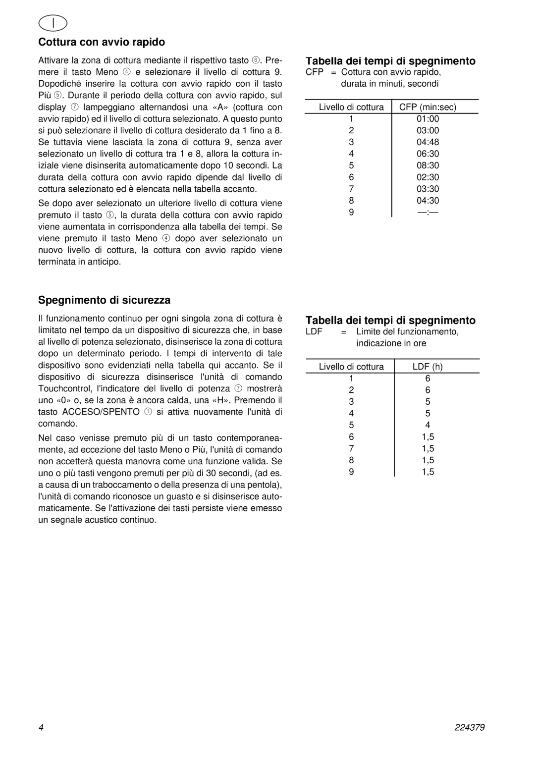 Smeg SE2631TC manual Cottura con avvio rapido, Tabella dei tempi di spegnimento, Spegnimento di sicurezza 