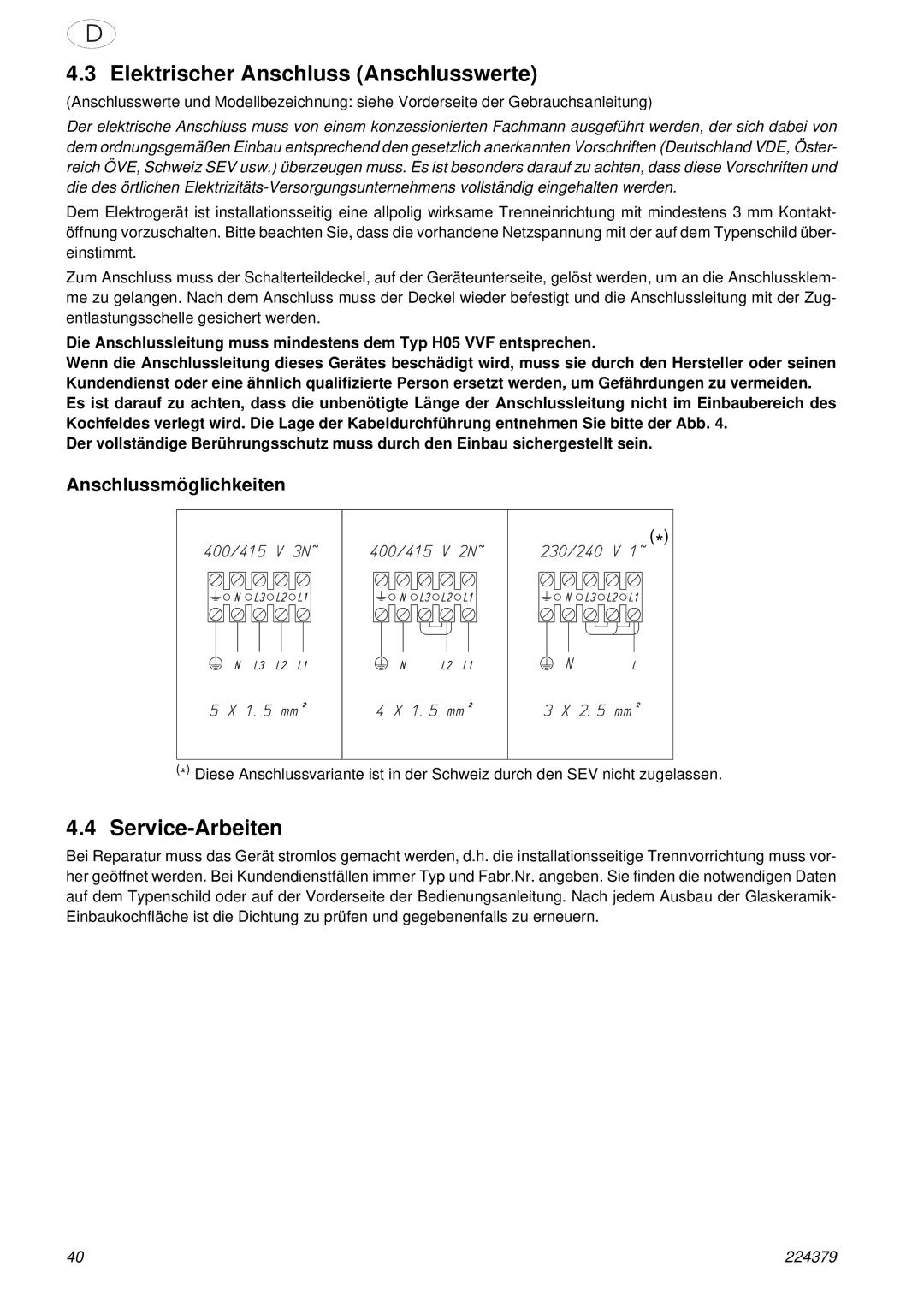 Smeg SE2631TC manual Elektrischer Anschluss Anschlusswerte, Service-Arbeiten, Anschlussmöglichkeiten 