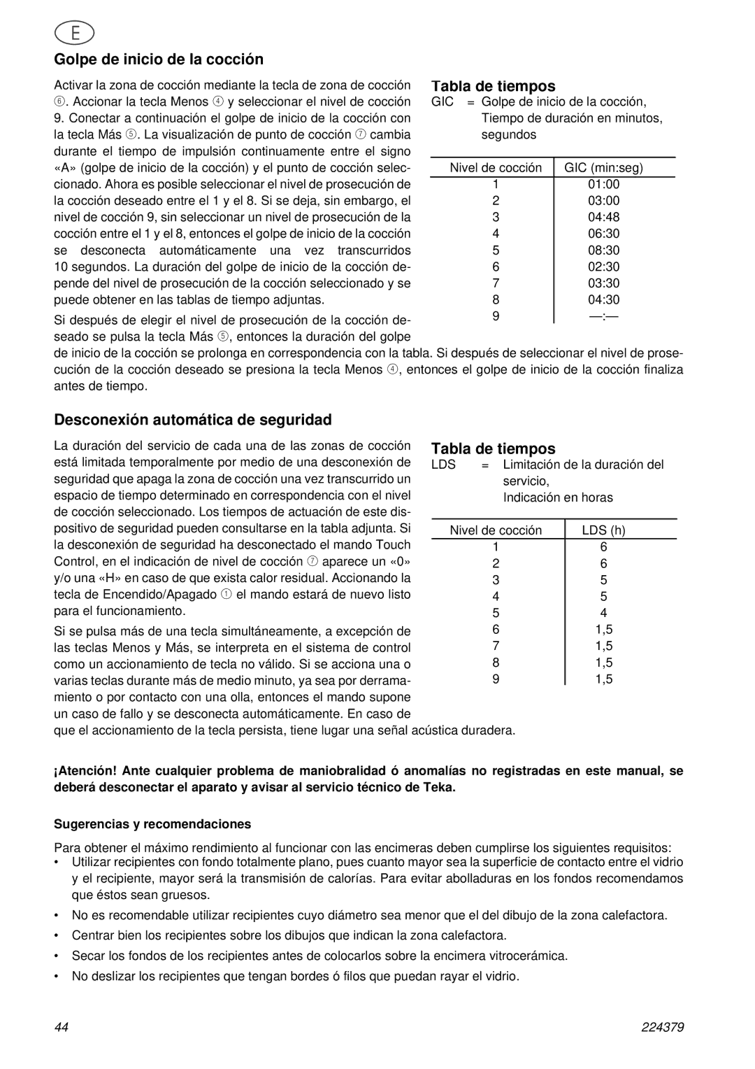 Smeg SE2631TC manual Golpe de inicio de la cocción, Tabla de tiempos, Desconexión automática de seguridad 