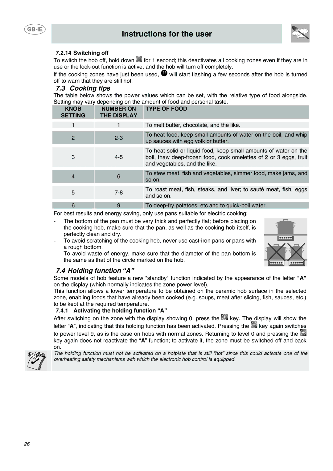 Smeg SE2641CX manual Cooking tips, Holding function a, Knob Number on Setting Display Type of Food 