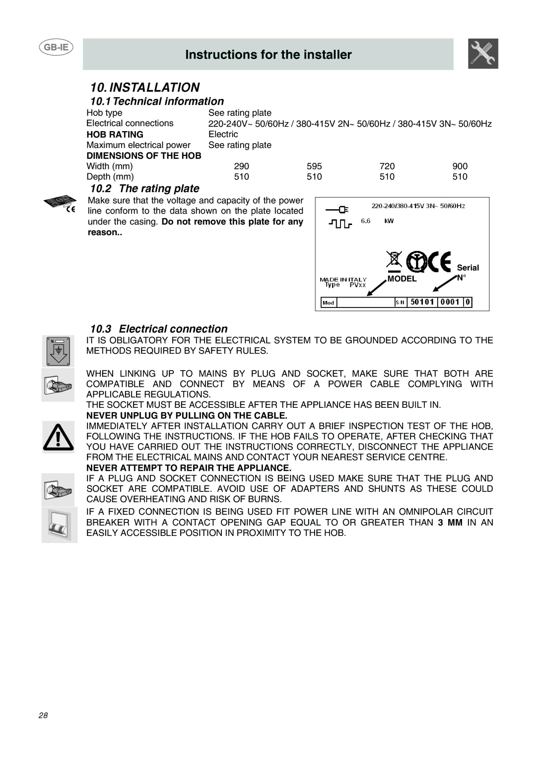 Smeg SE2641CX manual Installation, Technical information, Rating plate, Electrical connection 