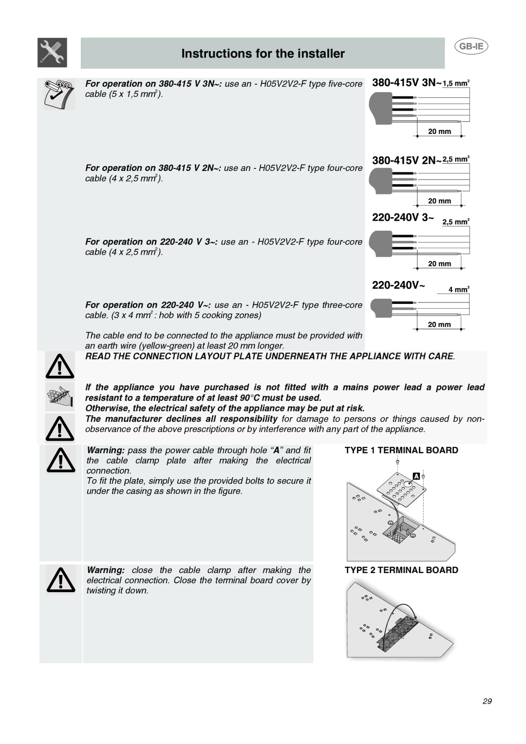 Smeg SE2641CX manual Type 2 Terminal Board 