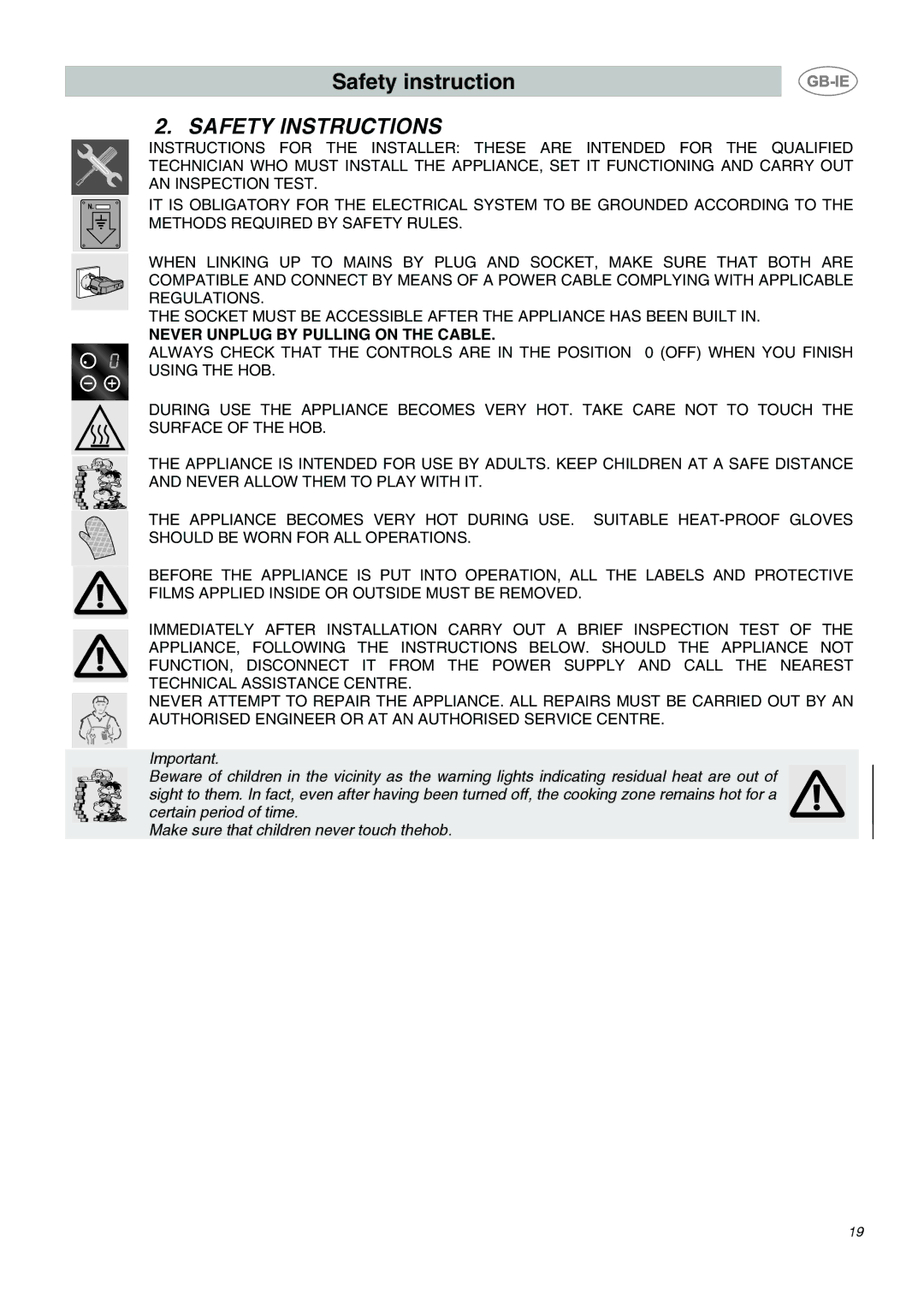 Smeg SE2641CX manual Safety Instructions, Never Unplug by Pulling on the Cable 