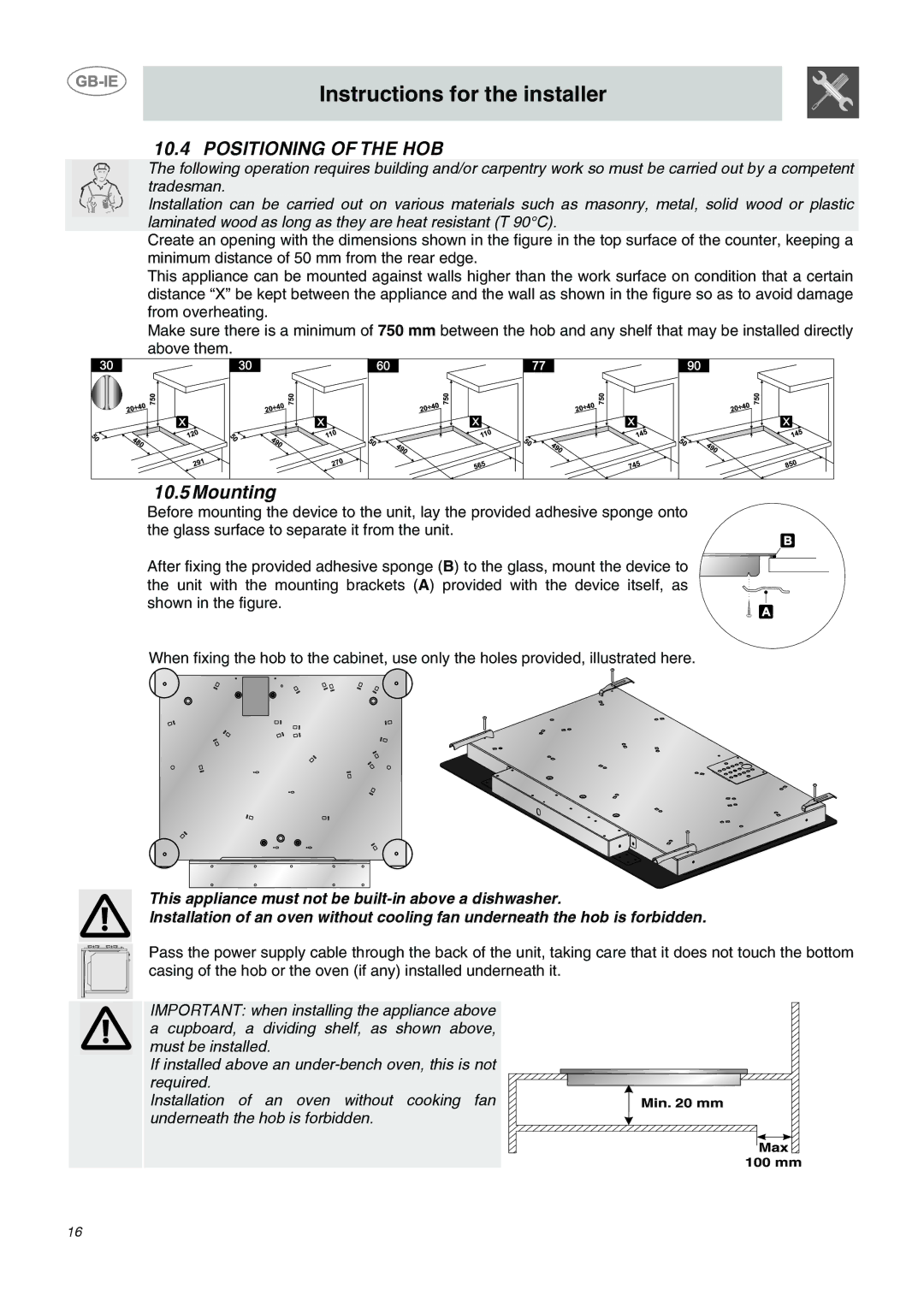 Smeg SE2641NO manual Positioning of the HOB, Mounting 