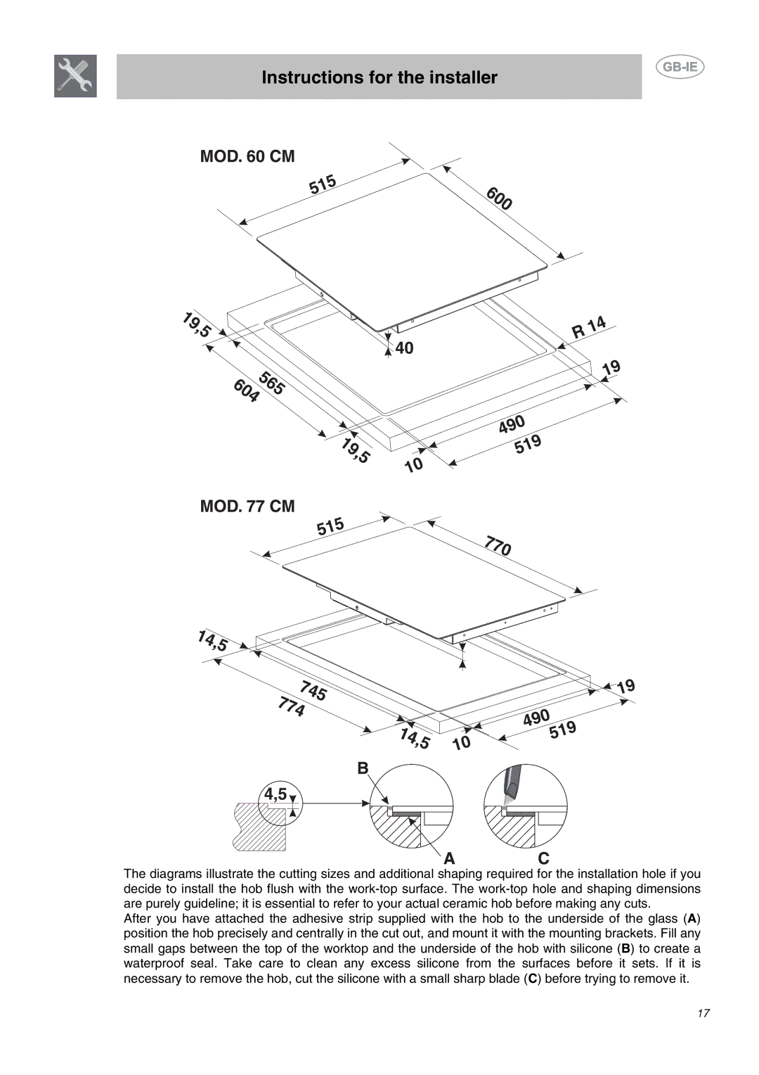 Smeg SE2641NO manual Instructions for the installer 