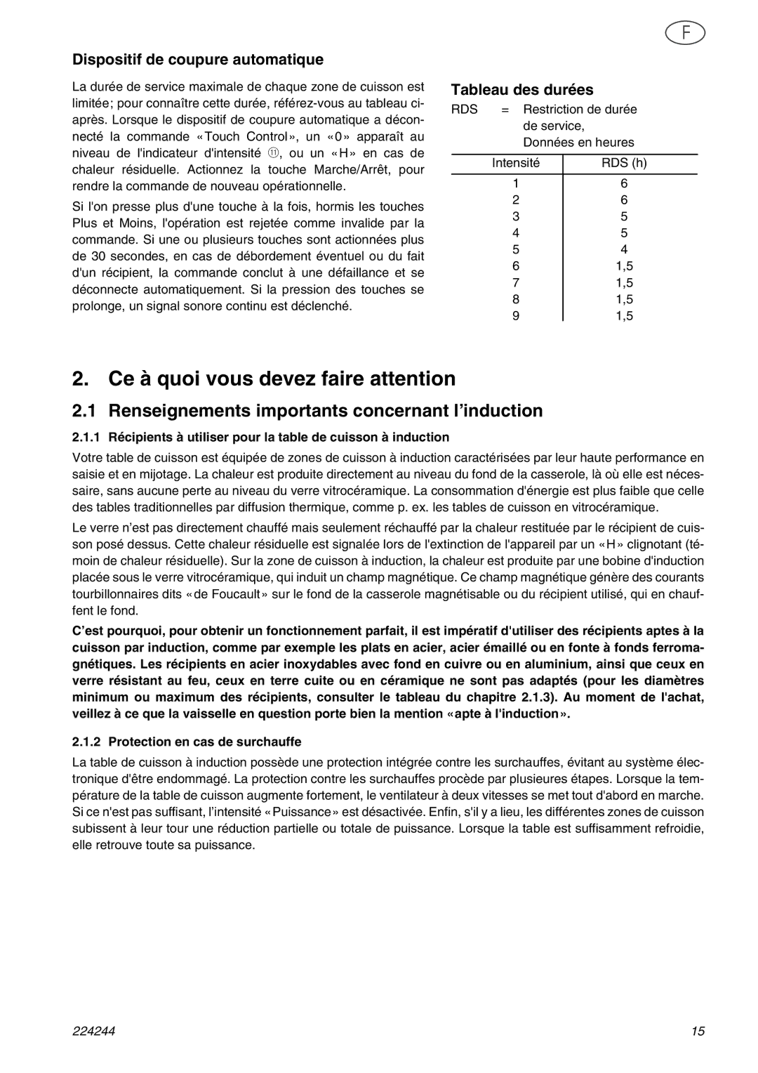 Smeg SE2642ID Ce à quoi vous devez faire attention, Renseignements importants concernant l’induction, Tableau des durées 