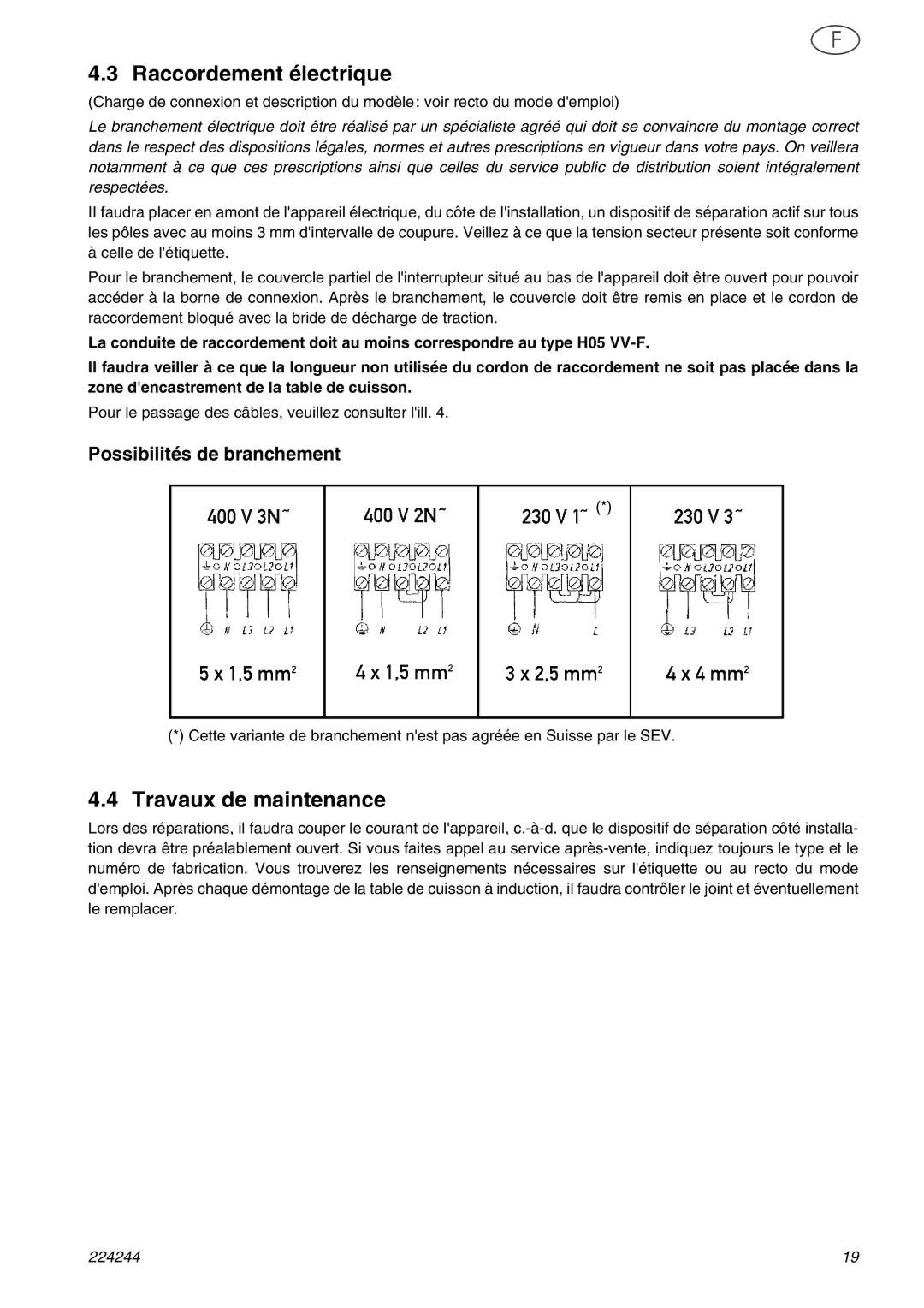 Smeg SE2642ID1 manual Raccordement électrique, Travaux de maintenance, Possibilités de branchement 