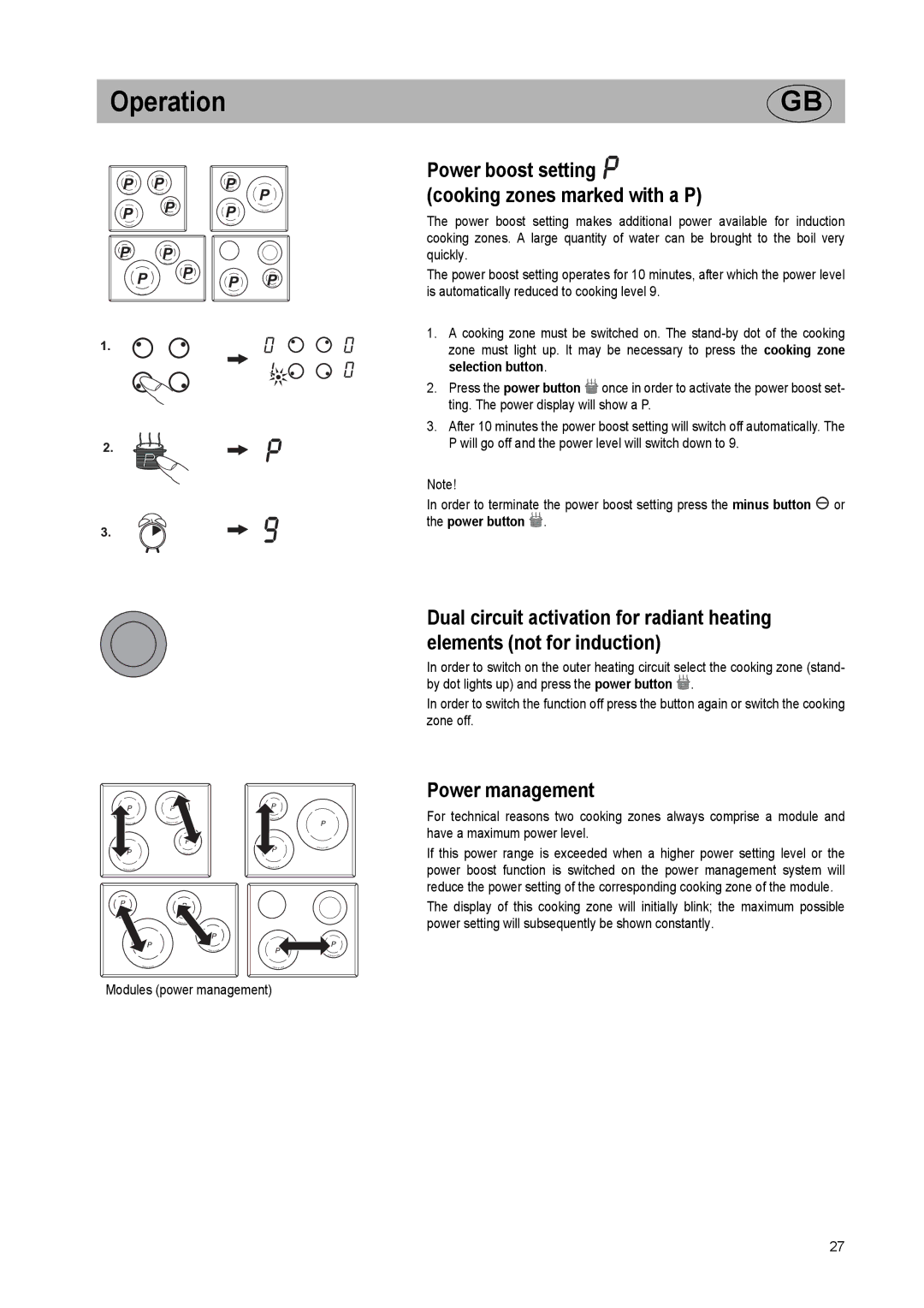 Smeg SE2642ID2 manual Power management, Power boost setting cooking zones marked with a P 