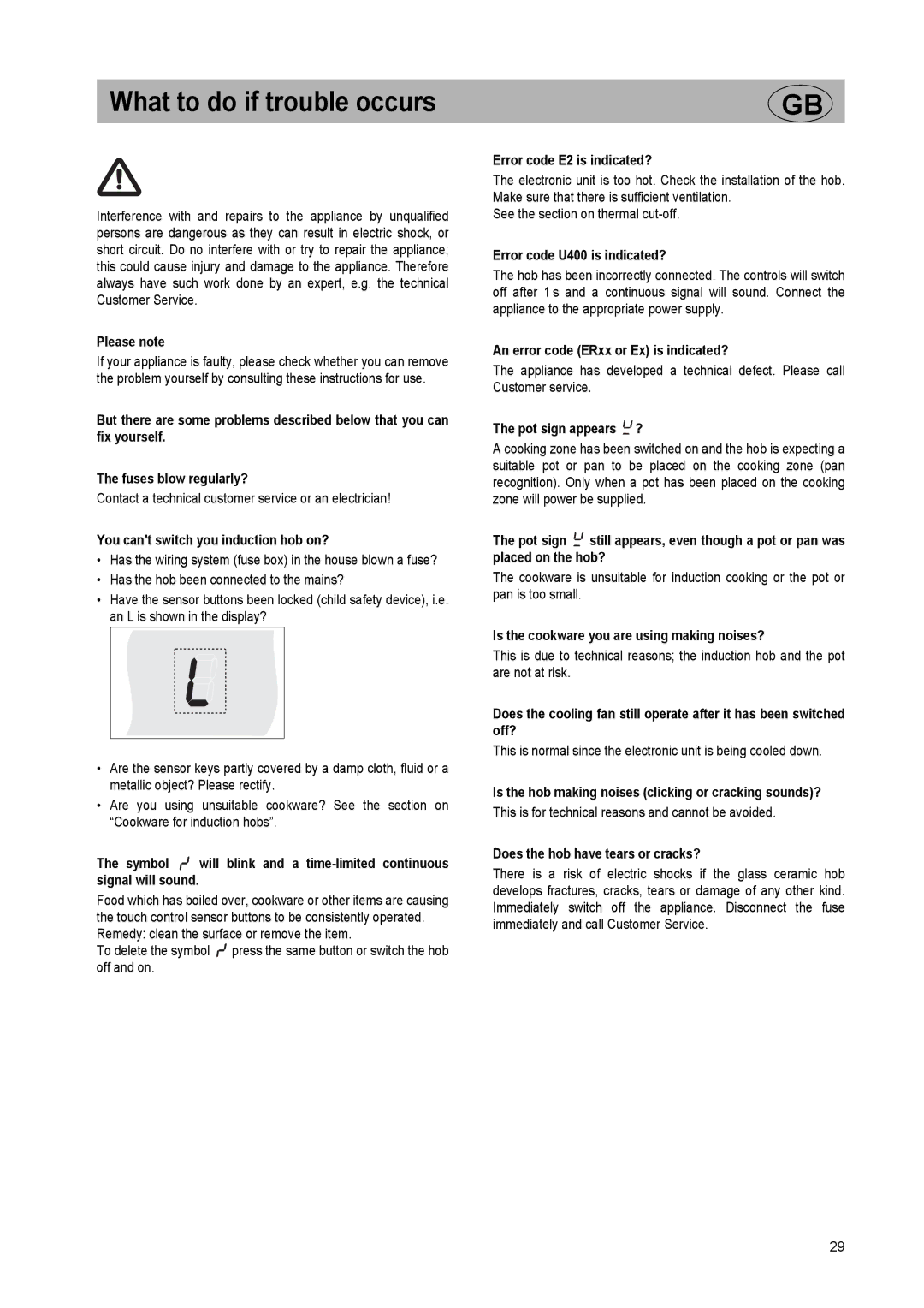 Smeg SE2642ID2 manual What to do if trouble occurs 