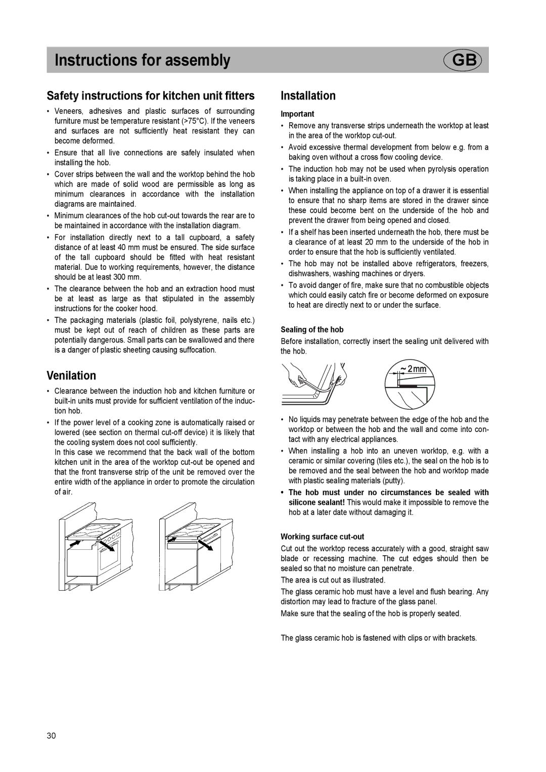 Smeg SE2642ID2 manual Instructions for assembly, Safety instructions for kitchen unit fitters, Venilation, Installation 