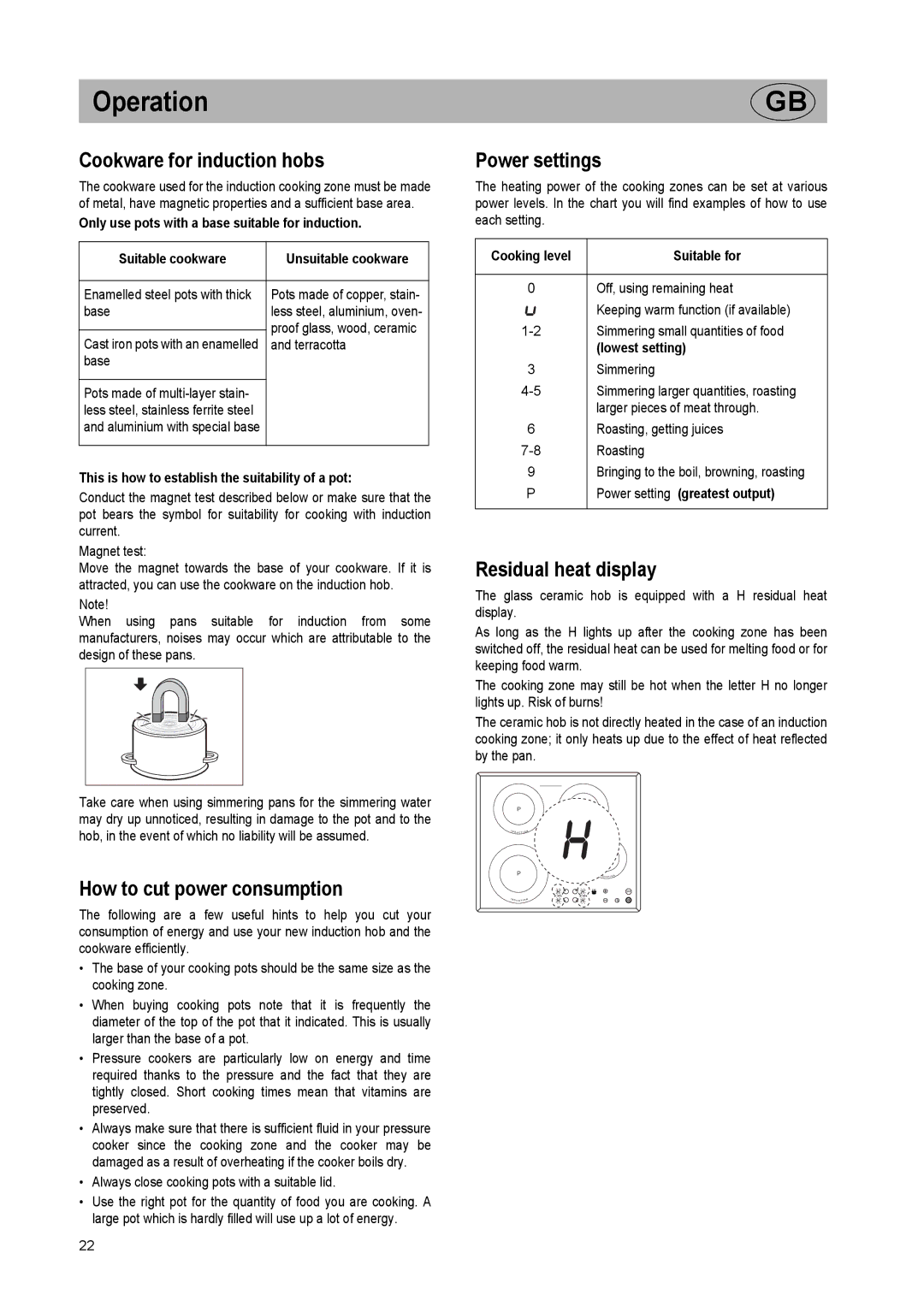 Smeg SE2642ID2 manual Cookware for induction hobs, How to cut power consumption, Power settings, Residual heat display 