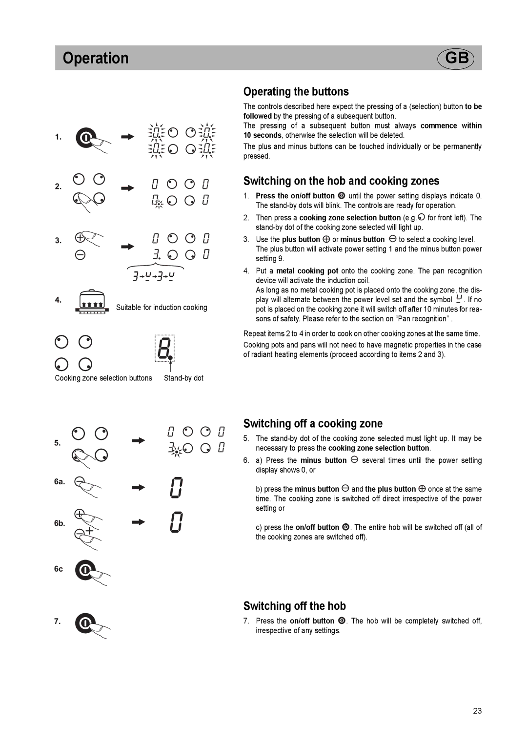 Smeg SE2642ID2 manual Operating the buttons, Switching on the hob and cooking zones, Switching off a cooking zone 