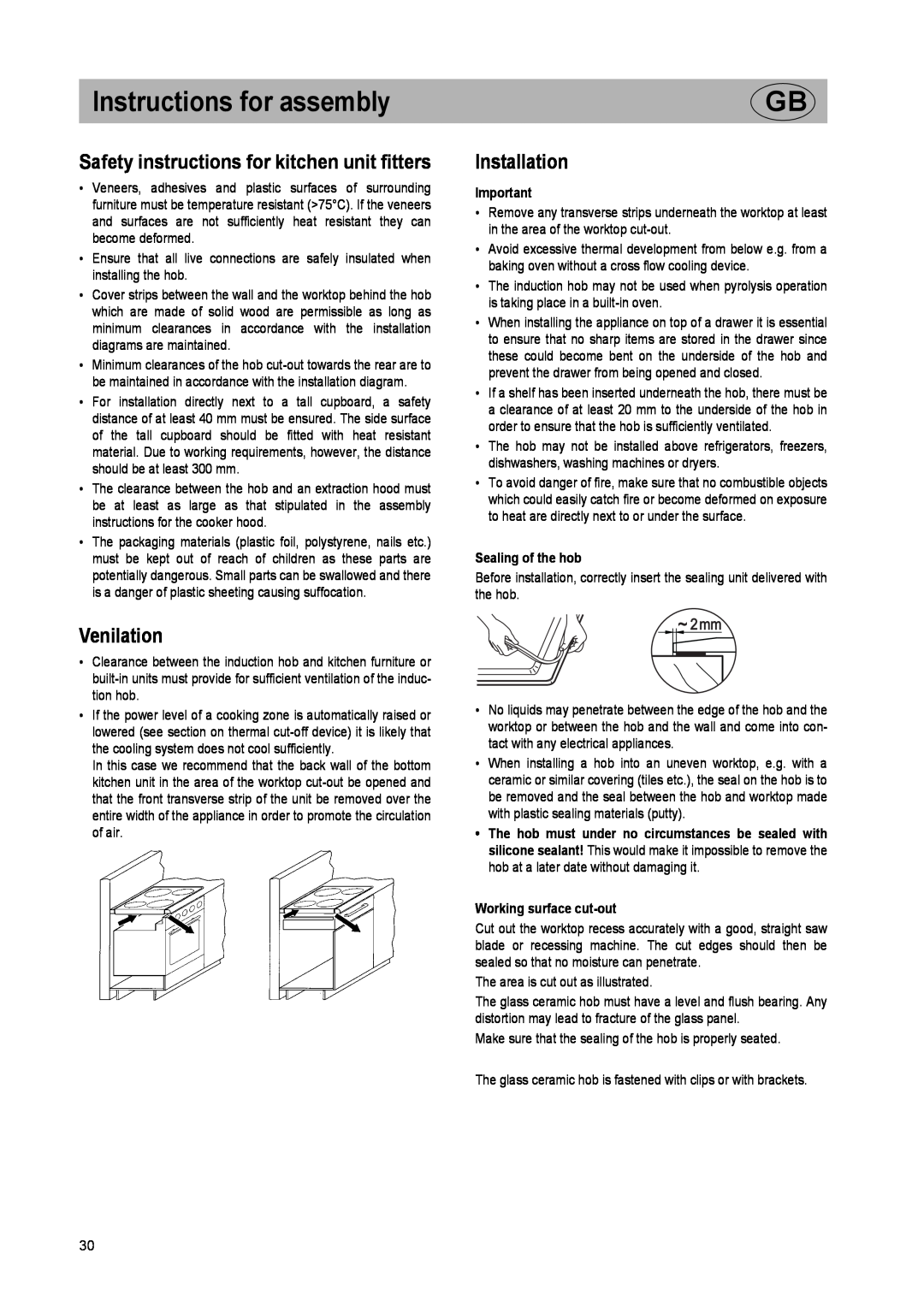 Smeg SE2642ID2 manual Instructions for assembly, Safety instructions for kitchen unit fitters, Venilation, Installation 