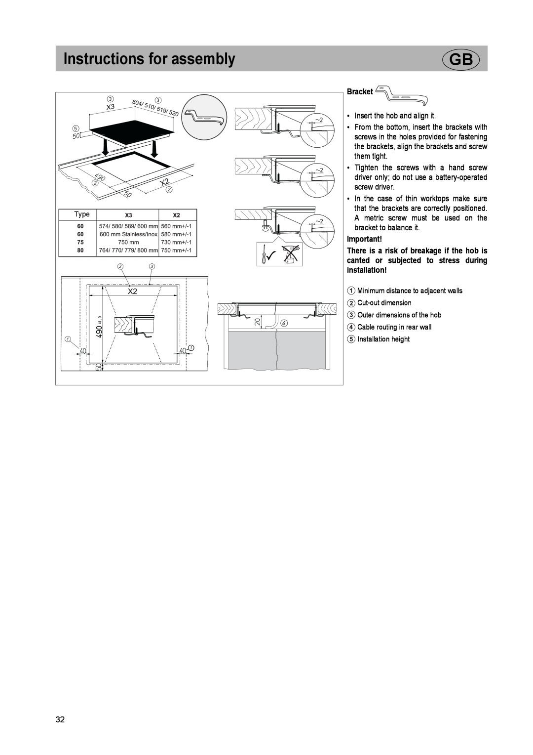 Smeg SE2642ID2 manual Instructions for assembly, Bracket 