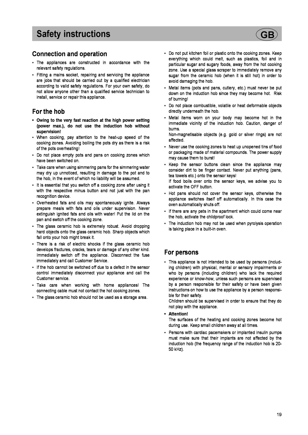 Smeg SE2642ID2 manual Safety instructions, Connection and operation, For the hob, For persons 