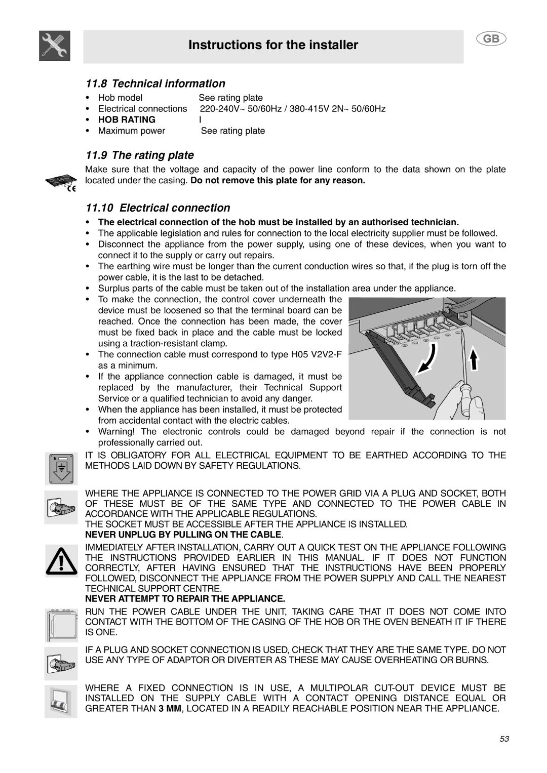 Smeg SE2642ID3 manual Technical information, Rating plate, Electrical connection, HOB Rating 