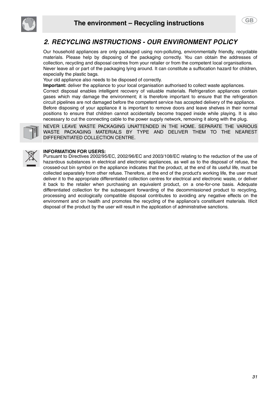 Smeg SE2642ID3 manual Recycling Instructions OUR Environment Policy, Information for Users 