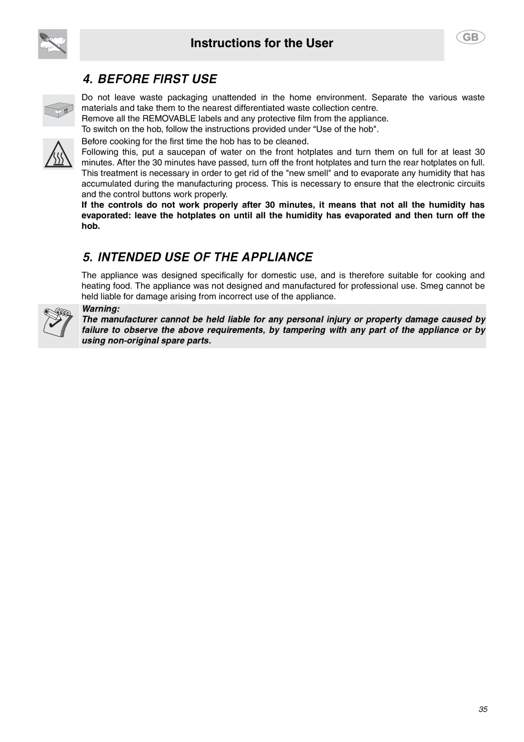 Smeg SE2642ID3 manual Before First USE, Intended USE of the Appliance 