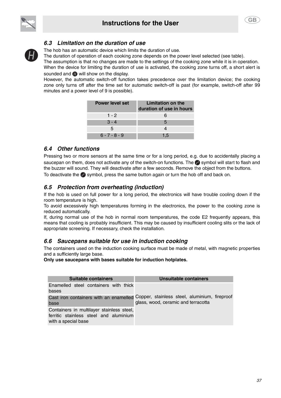 Smeg SE2642ID3 manual Limitation on the duration of use, Other functions, Protection from overheating induction 