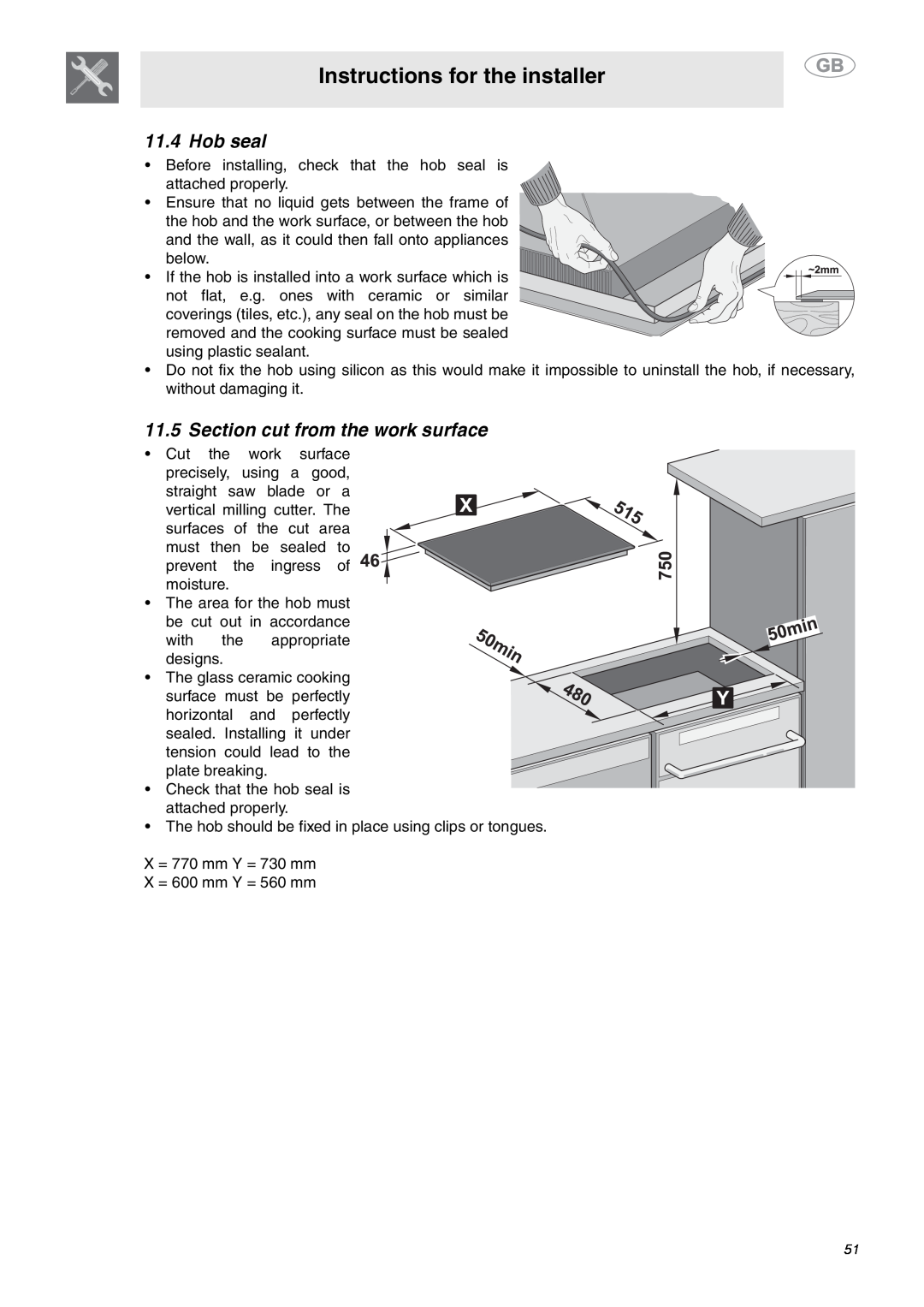 Smeg SE2642ID3 manual Hob seal, Section cut from the work surface, Instructions for the installer 