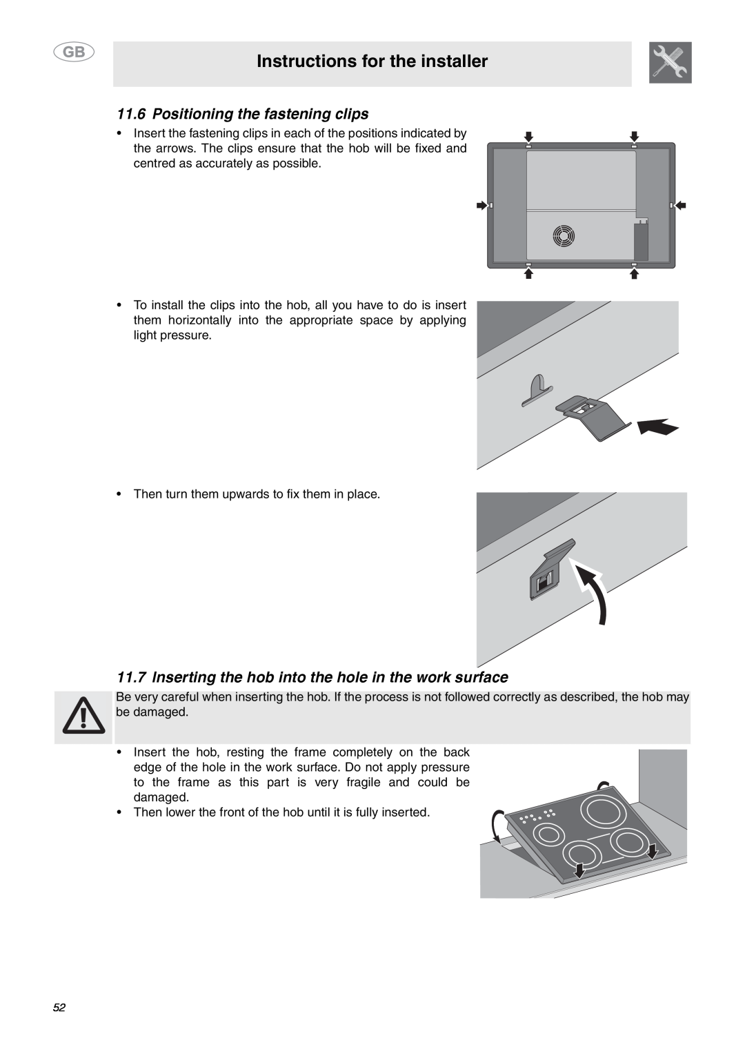 Smeg SE2642ID3 manual Positioning the fastening clips, Instructions for the installer 