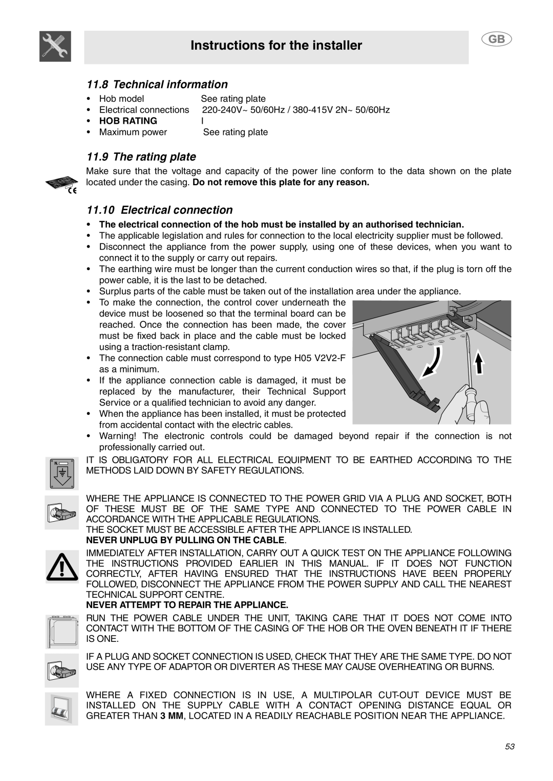 Smeg SE2642ID3 Technical information, The rating plate, Electrical connection, Instructions for the installer, Hob Rating 
