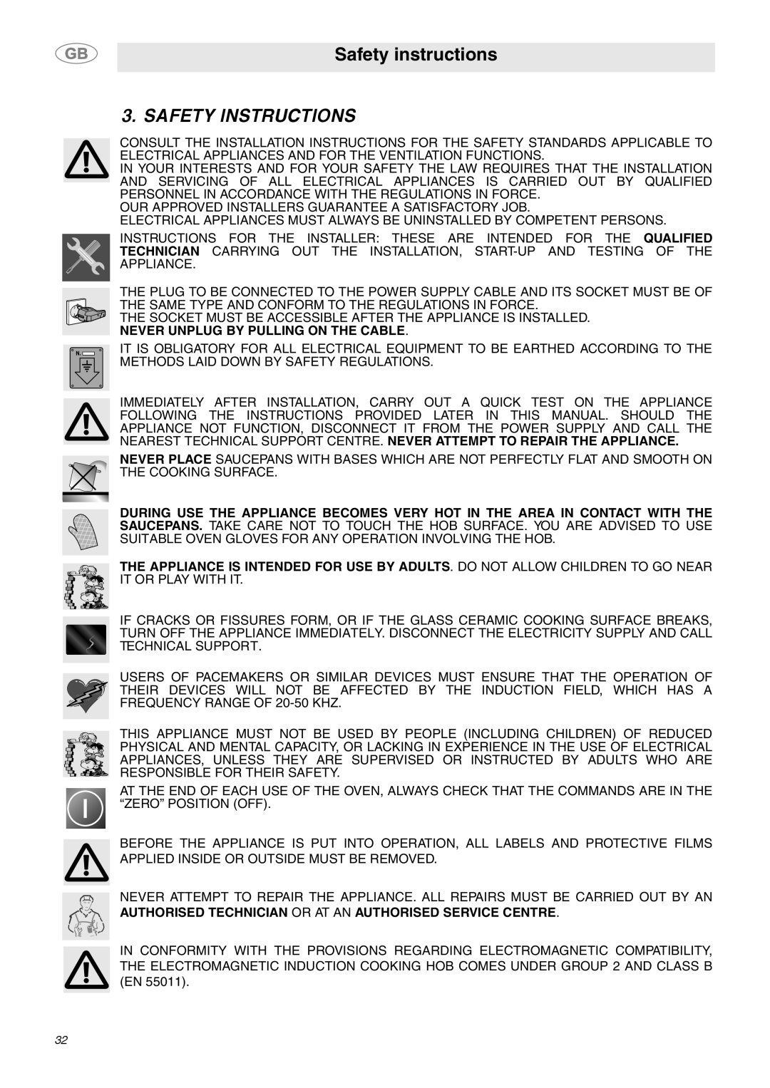 Smeg SE2642ID3 manual Safety instructions, Safety Instructions 