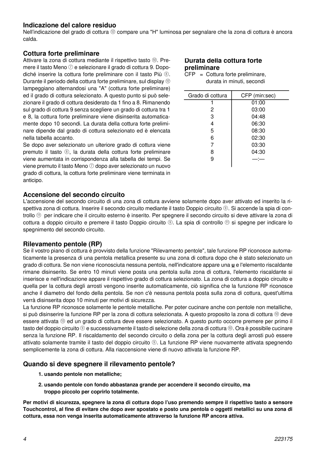 Smeg SE2644TC, SE2642TC Indicazione del calore residuo, Cottura forte preliminare, Durata della cottura forte, Preliminare 