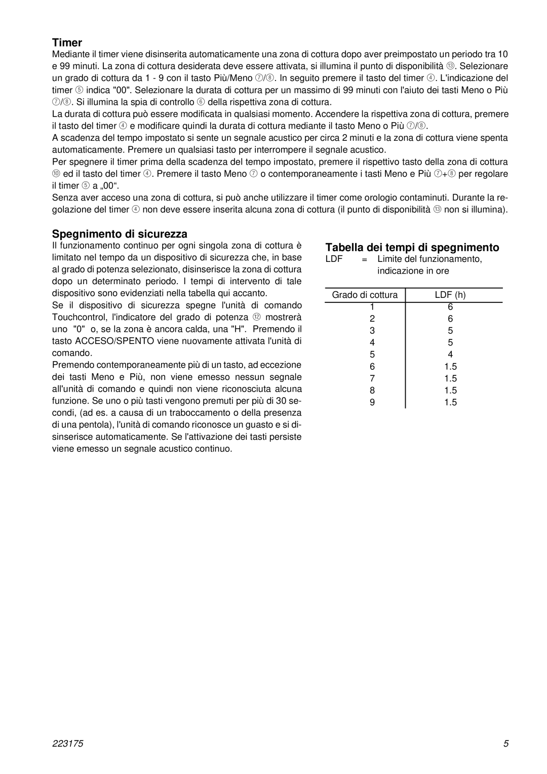 Smeg SE2642TC, SE2644TC manual Timer, Spegnimento di sicurezza, Tabella dei tempi di spegnimento 