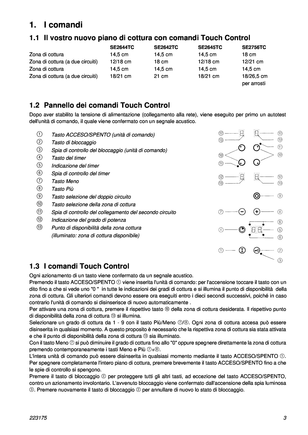 Smeg SE2642TC, SE2644TC manual Pannello dei comandi Touch Control, 1.3I comandi Touch Control 
