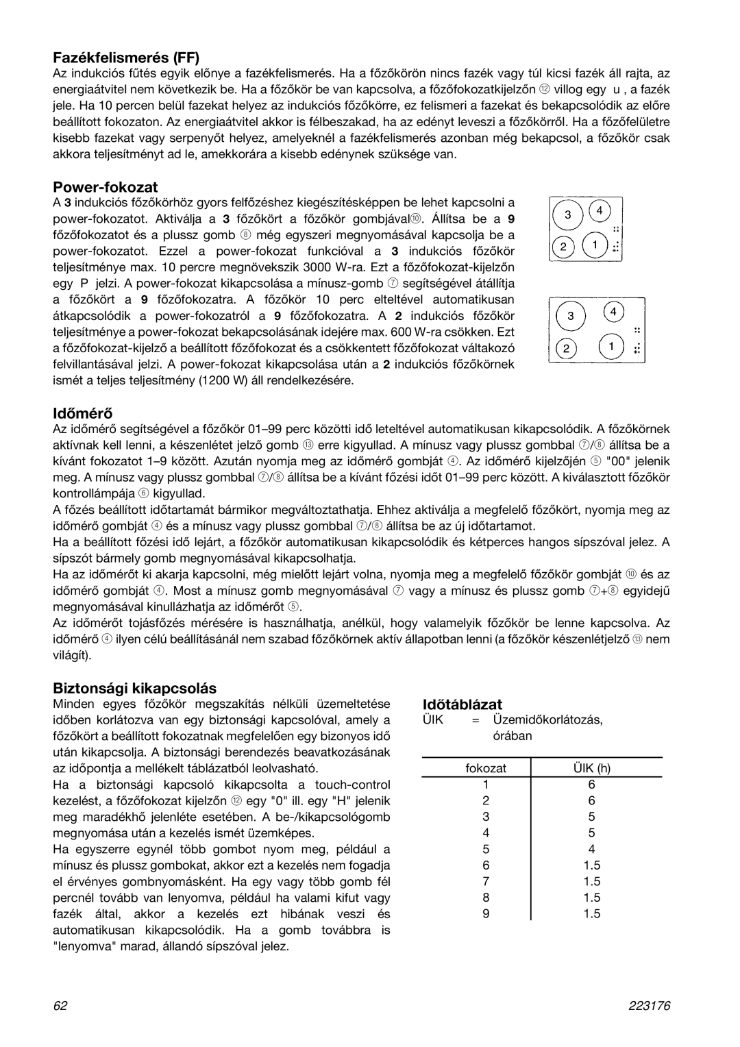 Smeg SE2664ID manual Fazékfelismerés FF, Power-fokozat, Idõmérõ, Biztonsági kikapcsolás, Idõtáblázat 